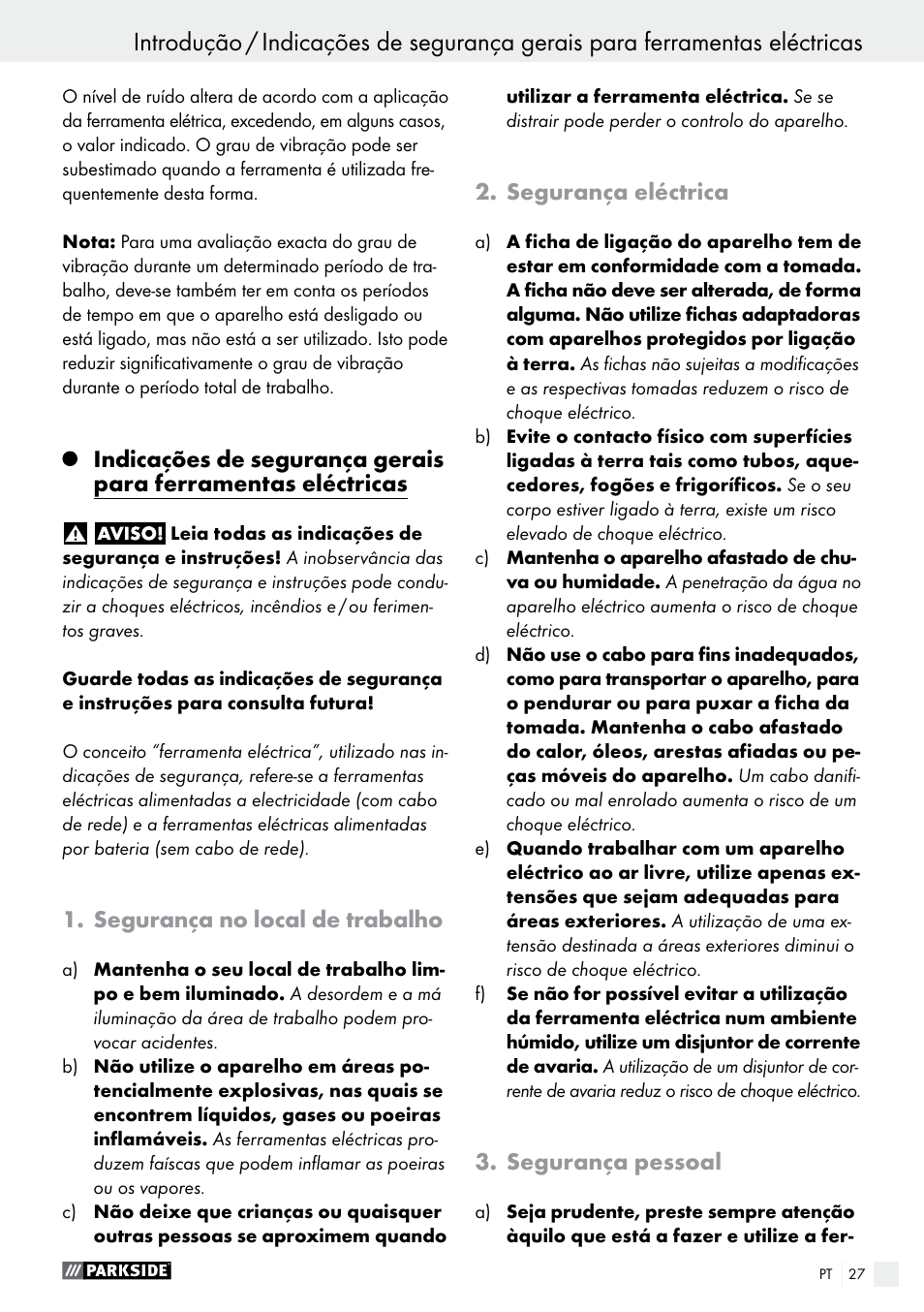 Segurança no local de trabalho, Segurança eléctrica, Segurança pessoal | Parkside PFS 710 B1 User Manual | Page 27 / 52