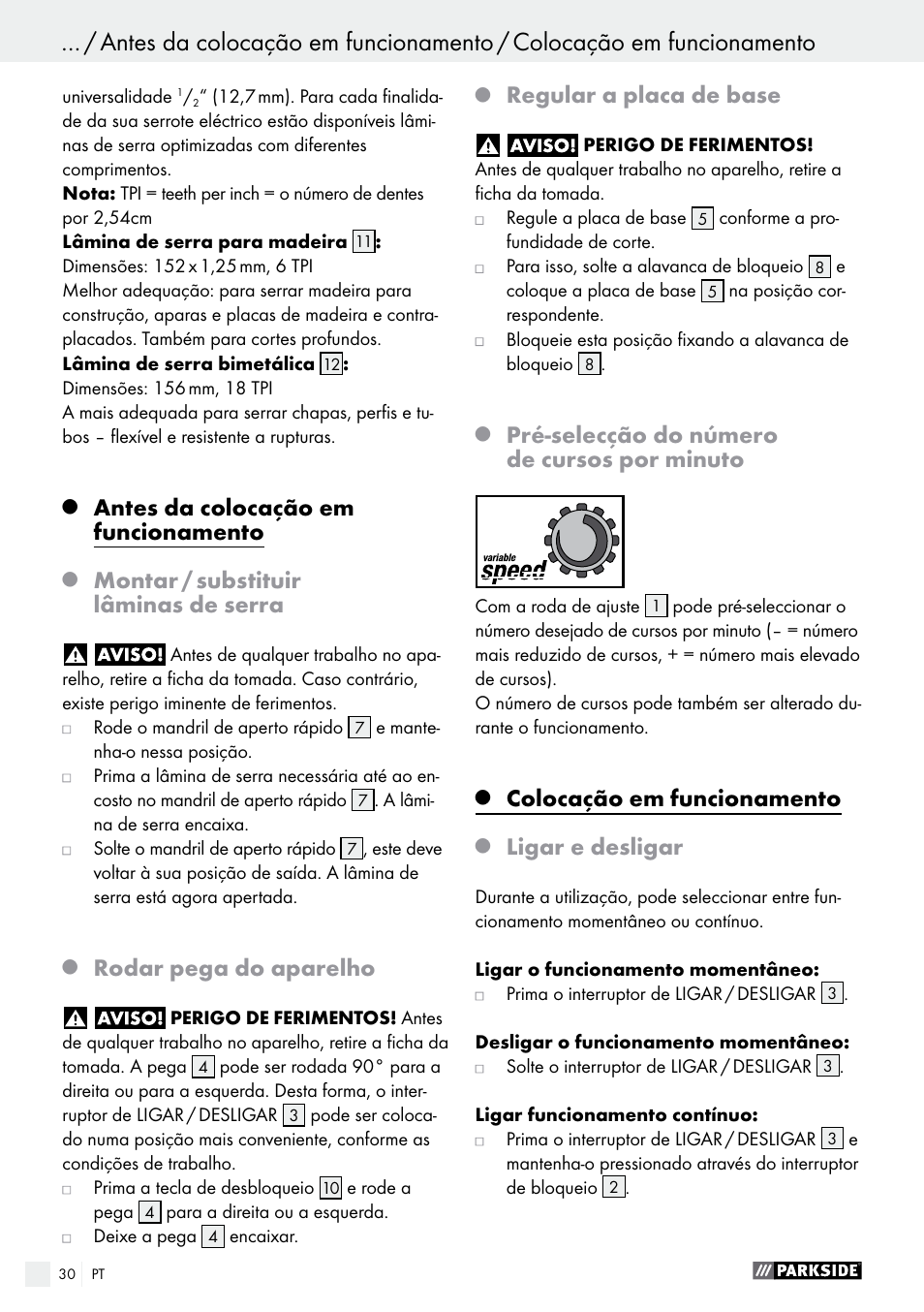 Antes da colocação em funcionamento, Montar / substituir lâminas de serra, Rodar pega do aparelho | Regular a placa de base, Pré-selecção do número de cursos por minuto, Colocação em funcionamento, Ligar e desligar | Parkside PFS 710 B1 User Manual | Page 30 / 52