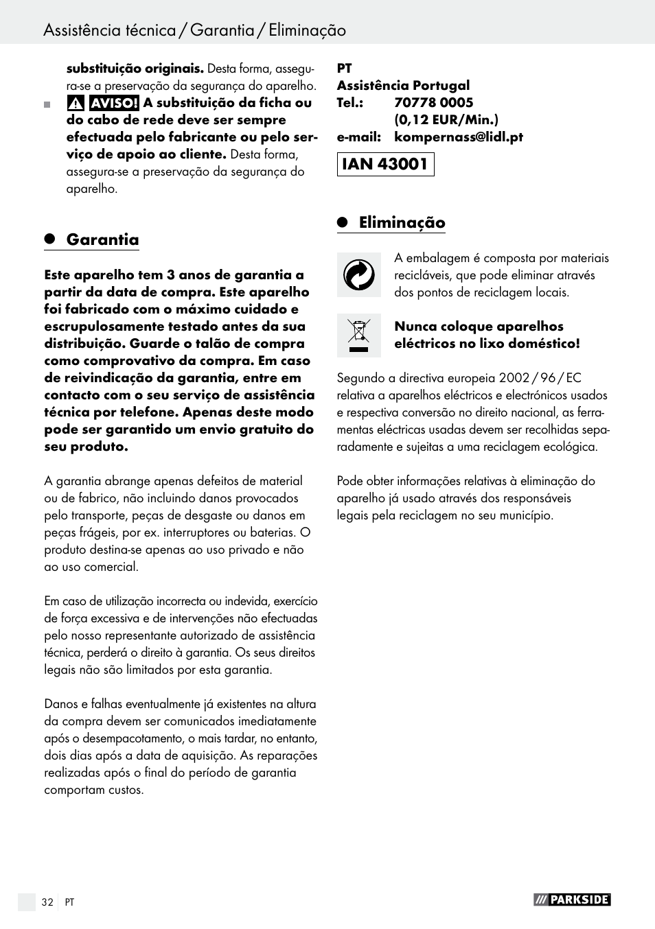 Garantia, Eliminação | Parkside PFS 710 B1 User Manual | Page 32 / 52