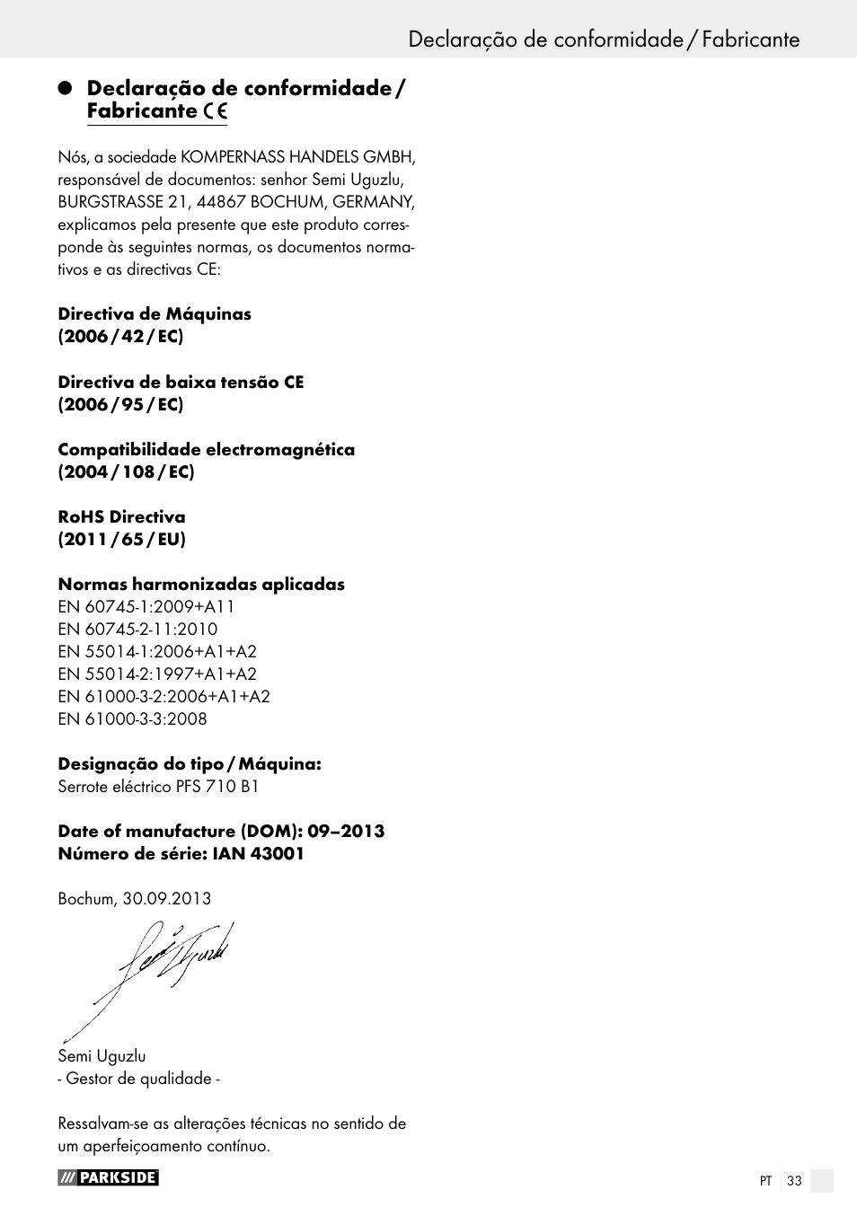 Declaração de conformidade / fabricante | Parkside PFS 710 B1 User Manual | Page 33 / 52