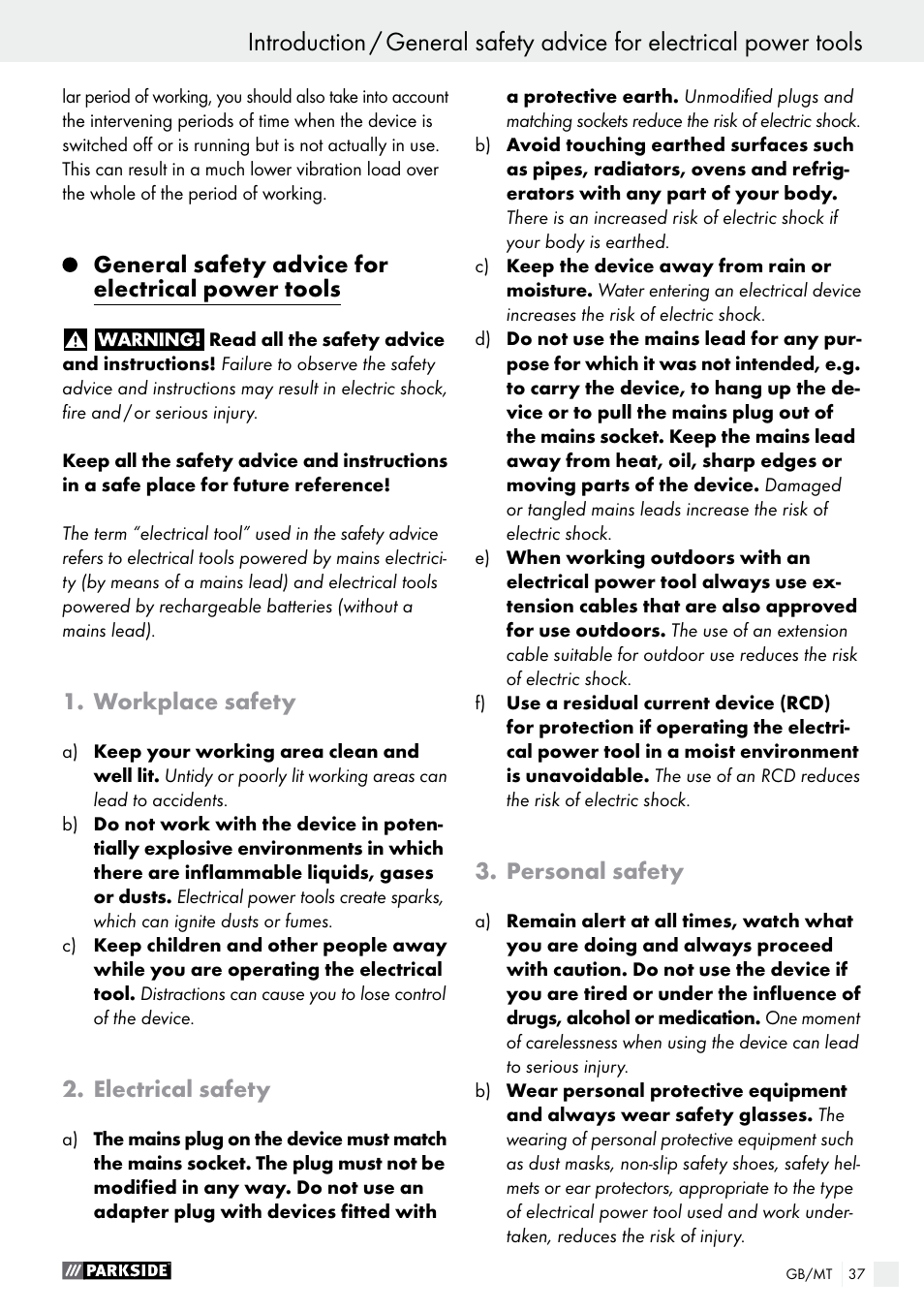 Introduction, General safety advice for electrical power tools, Workplace safety | Electrical safety, Personal safety | Parkside PFS 710 B1 User Manual | Page 37 / 52