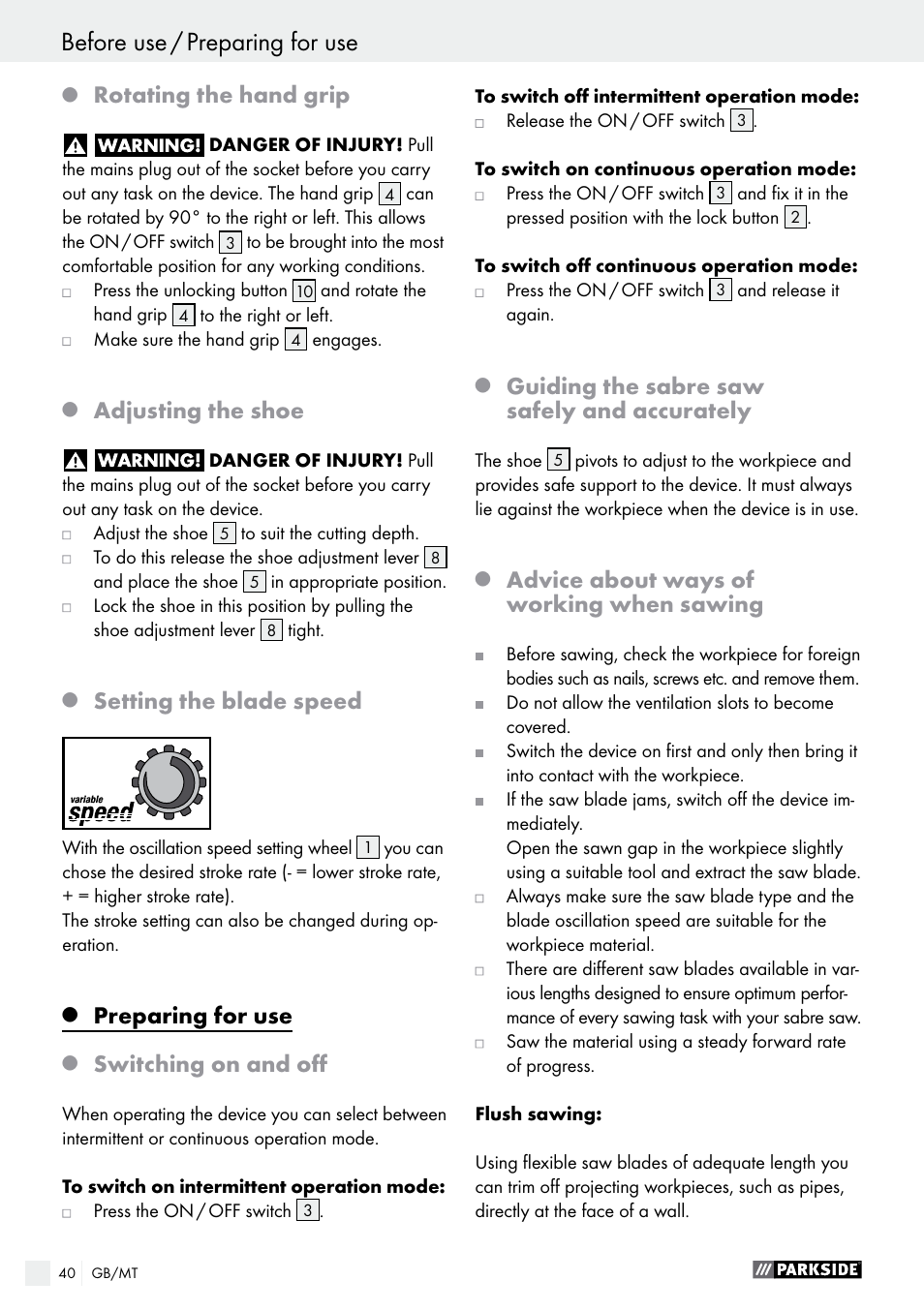 Rotating the hand grip, Adjusting the shoe, Setting the blade speed | Preparing for use, Switching on and off, Guiding the sabre saw safely and accurately, Advice about ways of working when sawing | Parkside PFS 710 B1 User Manual | Page 40 / 52