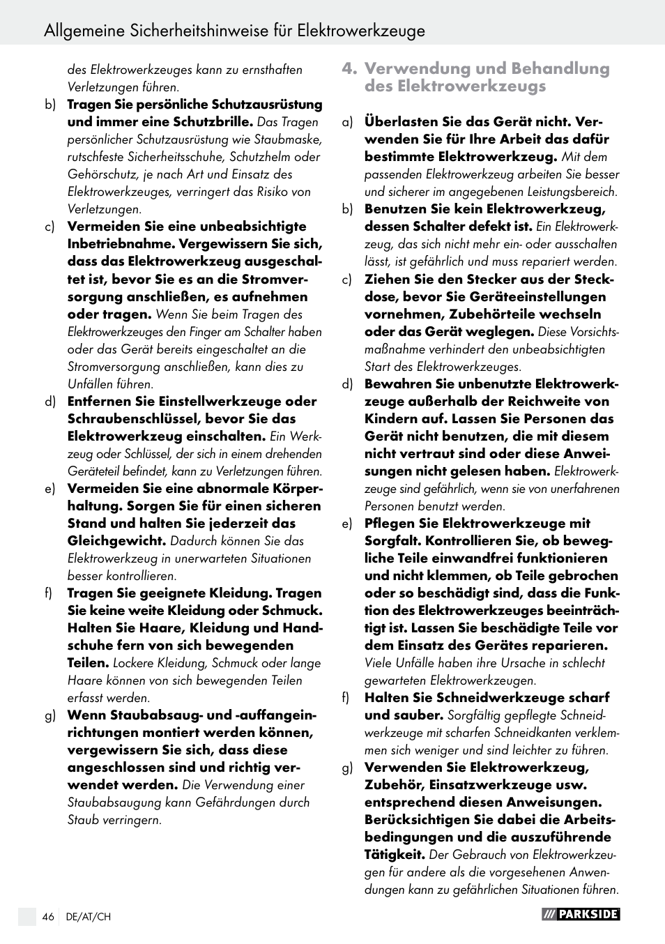 Verwendung und behandlung des elektrowerkzeugs | Parkside PFS 710 B1 User Manual | Page 46 / 52