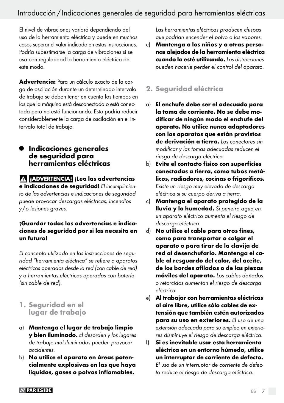 Seguridad en el lugar de trabajo, Seguridad eléctrica | Parkside PFS 710 B1 User Manual | Page 7 / 52