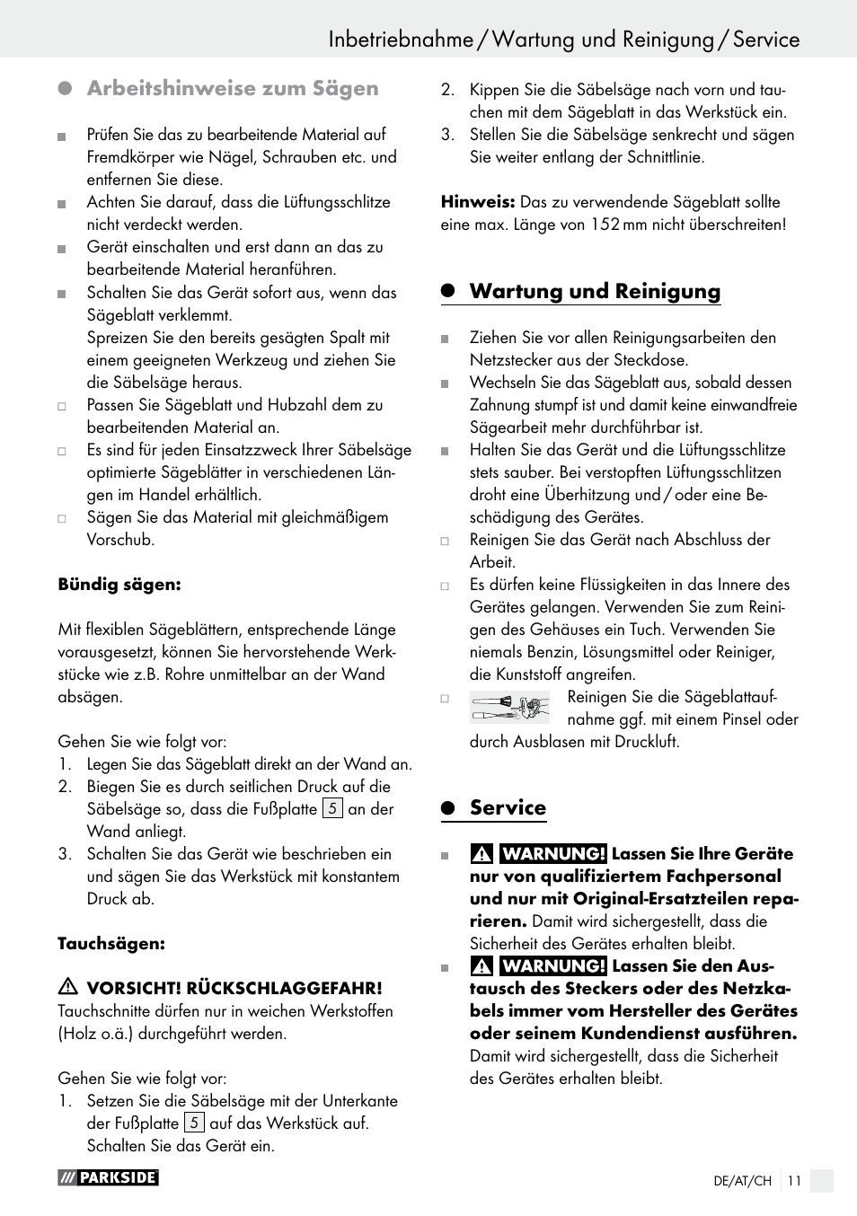 Arbeitshinweise zum sägen, Wartung und reinigung, Service | Parkside PFS 710 B1 User Manual | Page 11 / 43