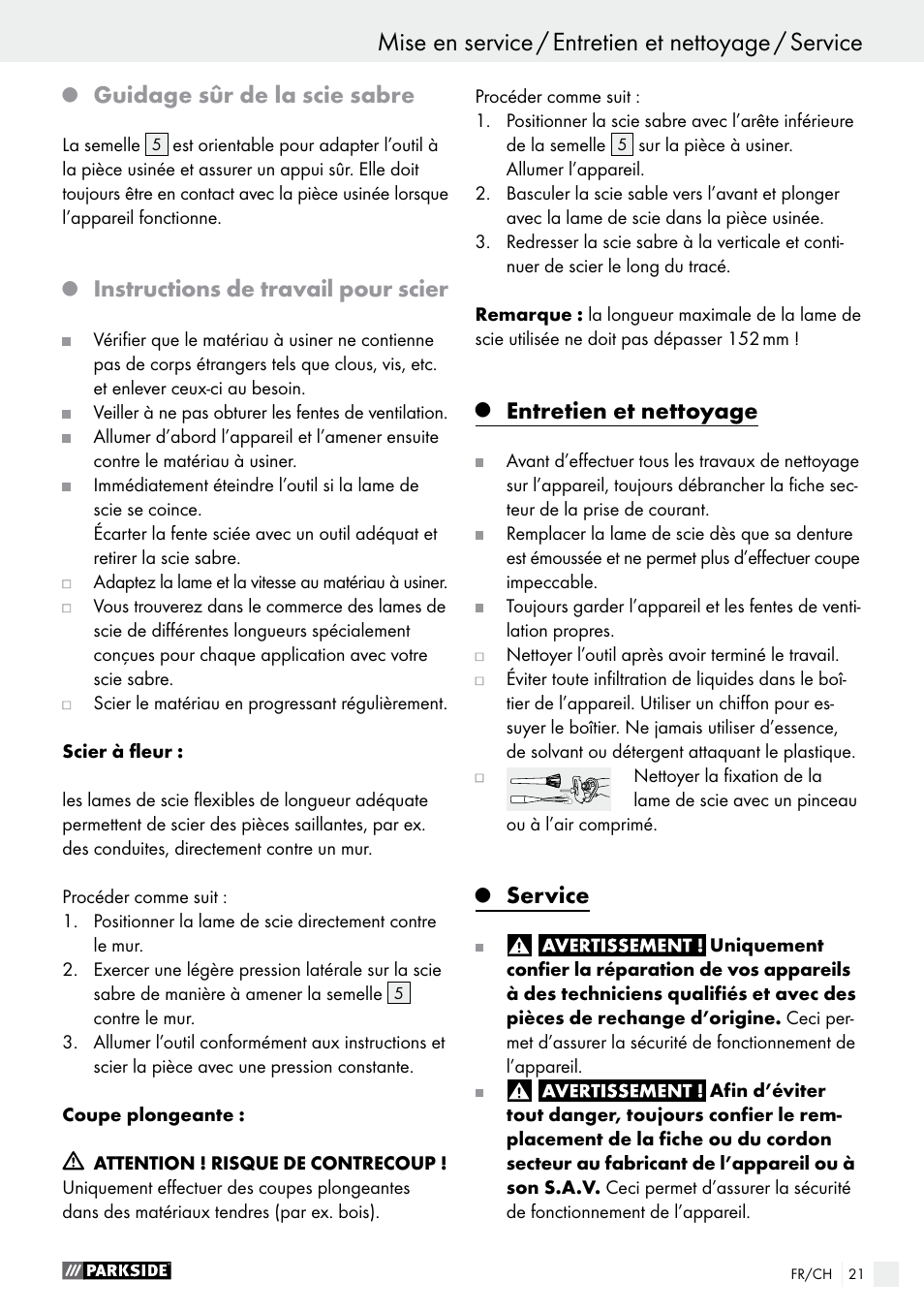 Guidage sûr de la scie sabre, Instructions de travail pour scier, Entretien et nettoyage | Service | Parkside PFS 710 B1 User Manual | Page 21 / 43