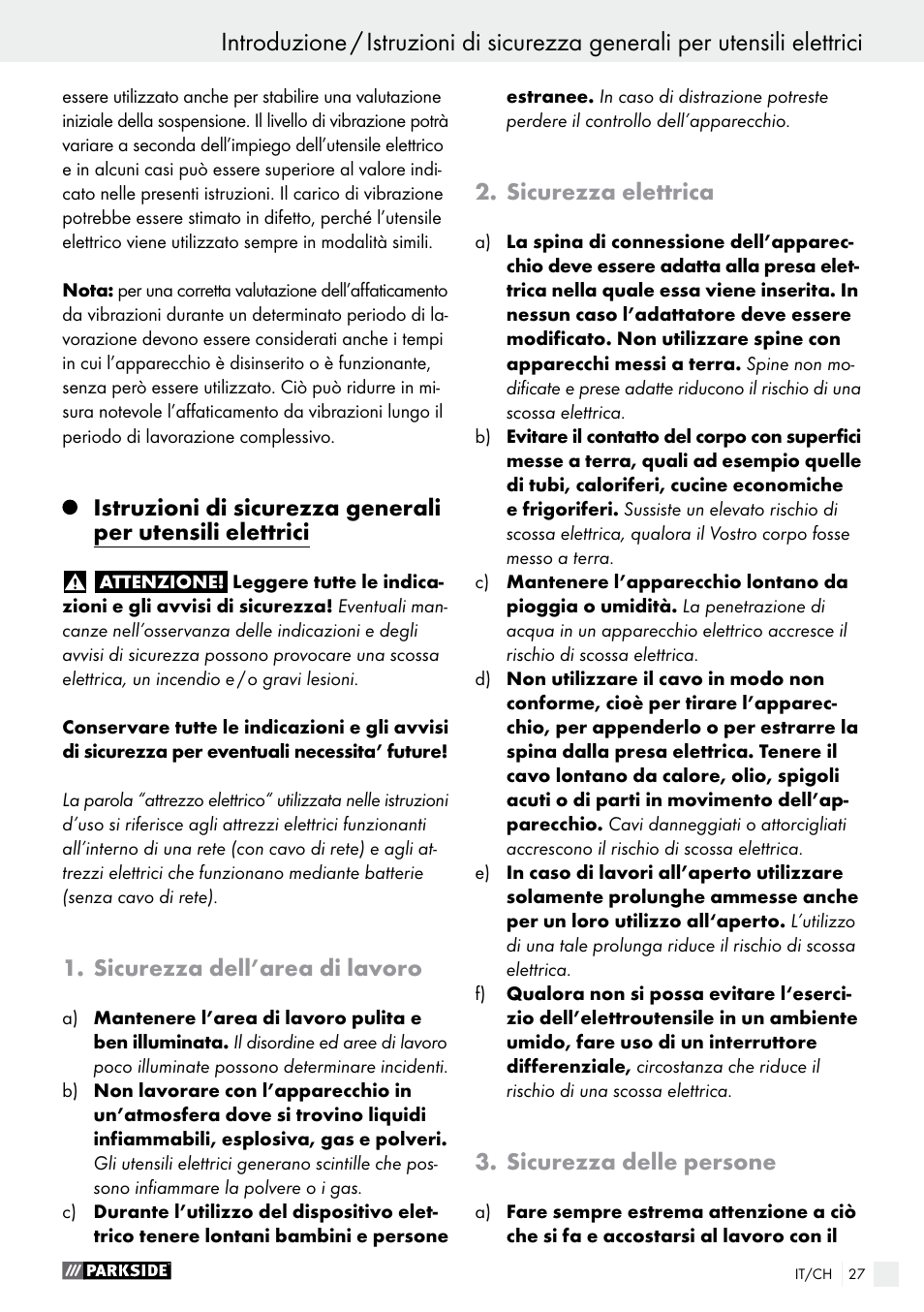 Sicurezza dell’area di lavoro, Sicurezza elettrica, Sicurezza delle persone | Parkside PFS 710 B1 User Manual | Page 27 / 43