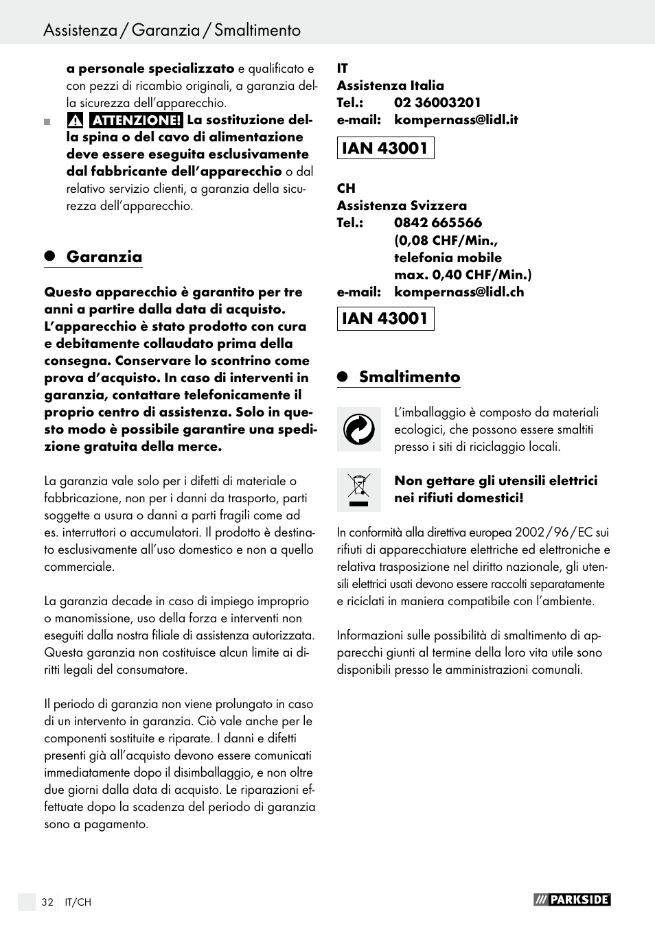 Garanzia, Smaltimento | Parkside PFS 710 B1 User Manual | Page 32 / 43