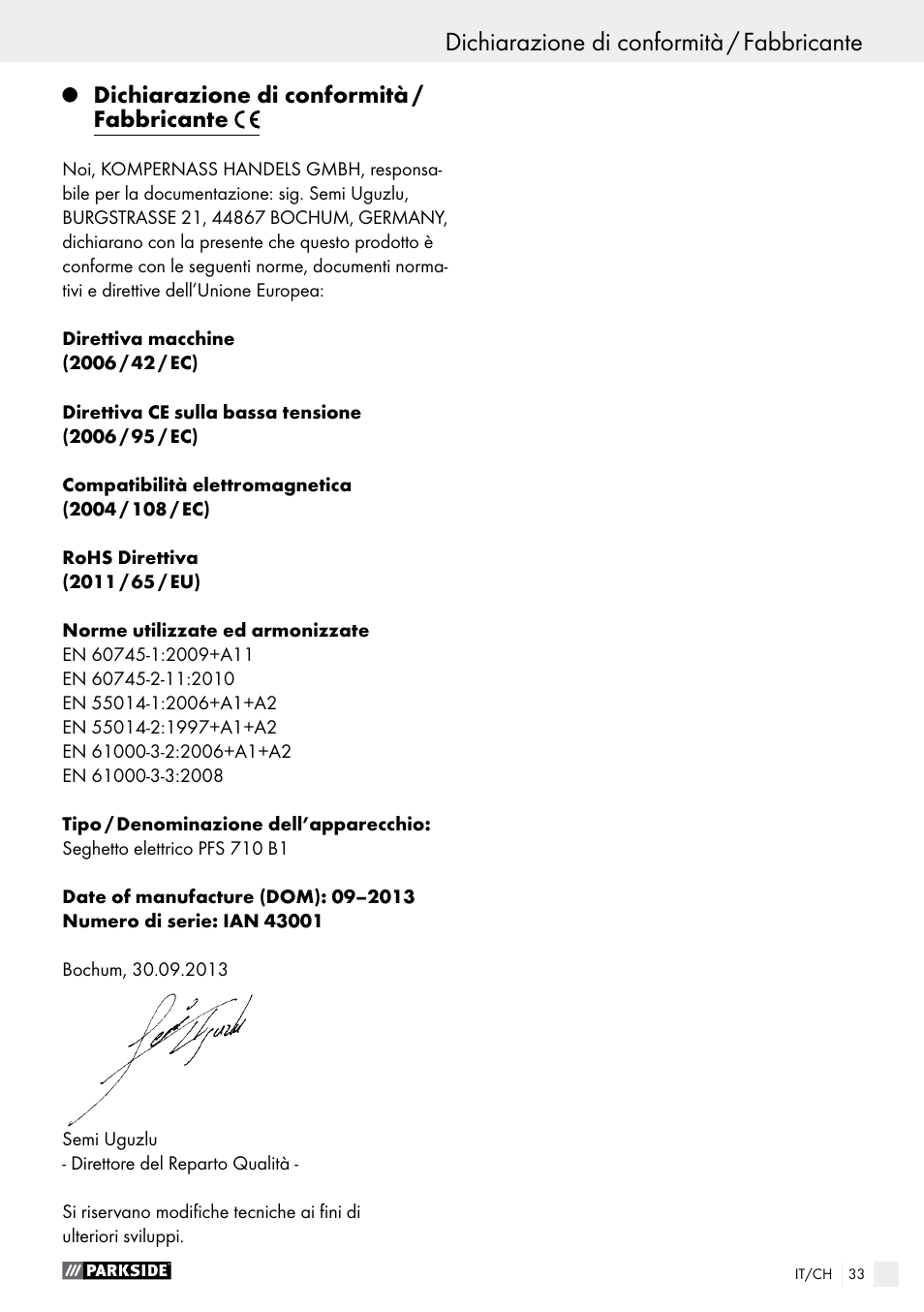 Dichiarazione di conformità / fabbricante, Assistenza / garanzia / smaltimento | Parkside PFS 710 B1 User Manual | Page 33 / 43