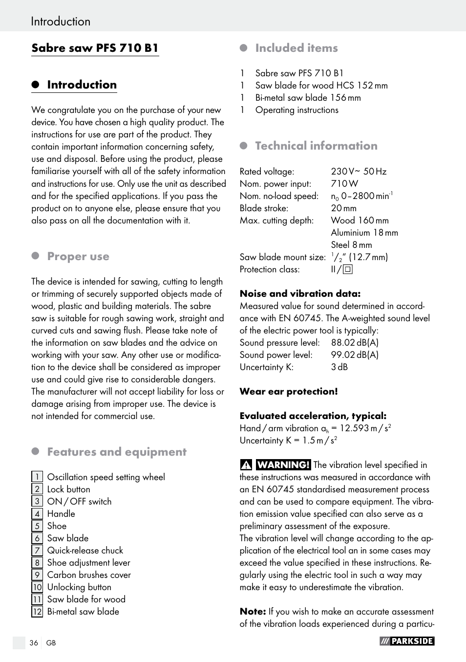 Sabre saw pfs 710 b1, Introduction, Proper use | Features and equipment, Included items, Technical information | Parkside PFS 710 B1 User Manual | Page 36 / 43