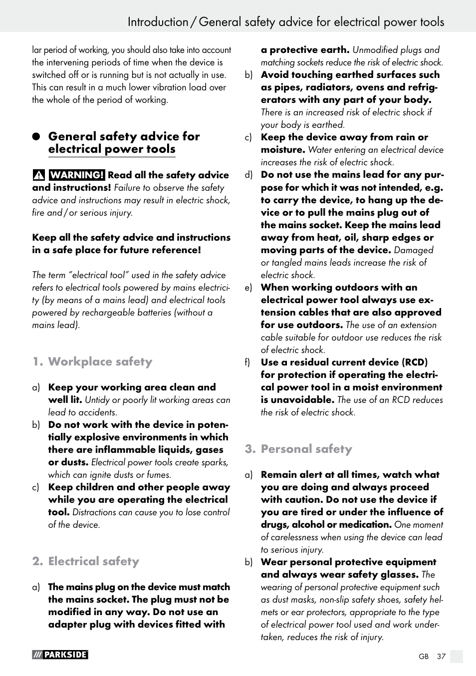 Introduction, General safety advice for electrical power tools, Workplace safety | Electrical safety, Personal safety | Parkside PFS 710 B1 User Manual | Page 37 / 43