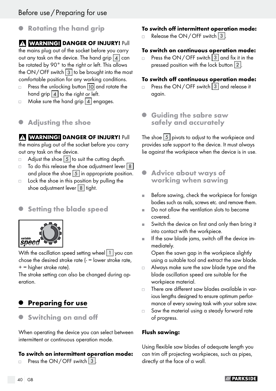 Rotating the hand grip, Adjusting the shoe, Setting the blade speed | Preparing for use, Switching on and off, Guiding the sabre saw safely and accurately, Advice about ways of working when sawing | Parkside PFS 710 B1 User Manual | Page 40 / 43