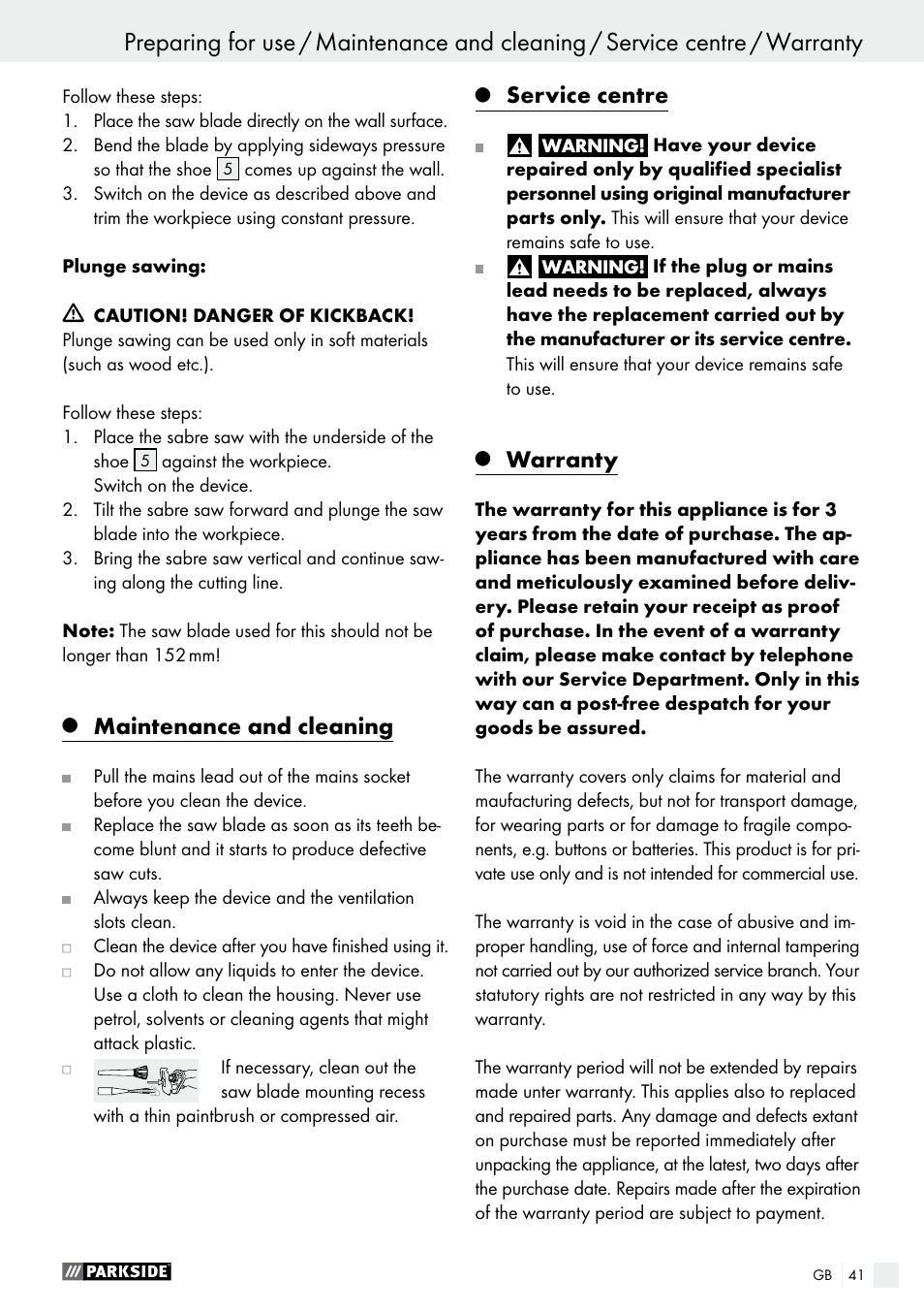 Maintenance and cleaning, Service centre, Warranty | Parkside PFS 710 B1 User Manual | Page 41 / 43