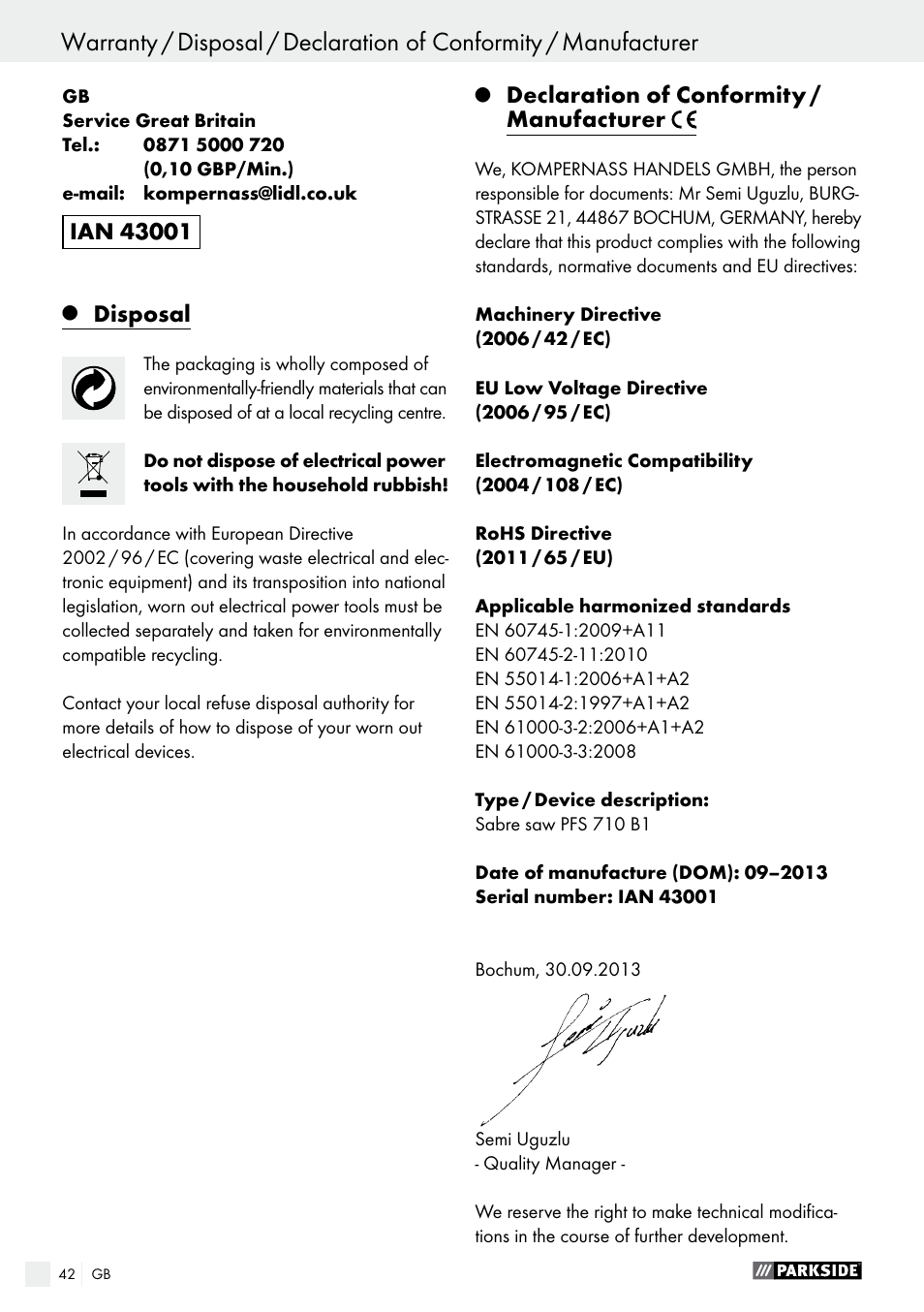Disposal, Declaration of conformity / manufacturer | Parkside PFS 710 B1 User Manual | Page 42 / 43