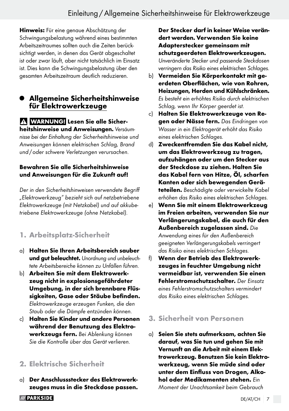 Arbeitsplatz-sicherheit, Elektrische sicherheit, Sicherheit von personen | Parkside PFS 710 B1 User Manual | Page 7 / 43
