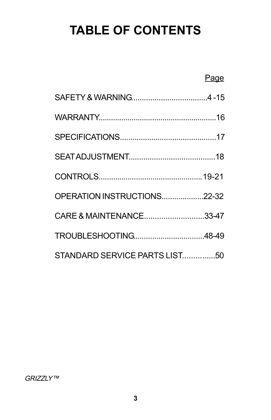 Dixon ZTR GRIZZLY User Manual | Page 3 / 52