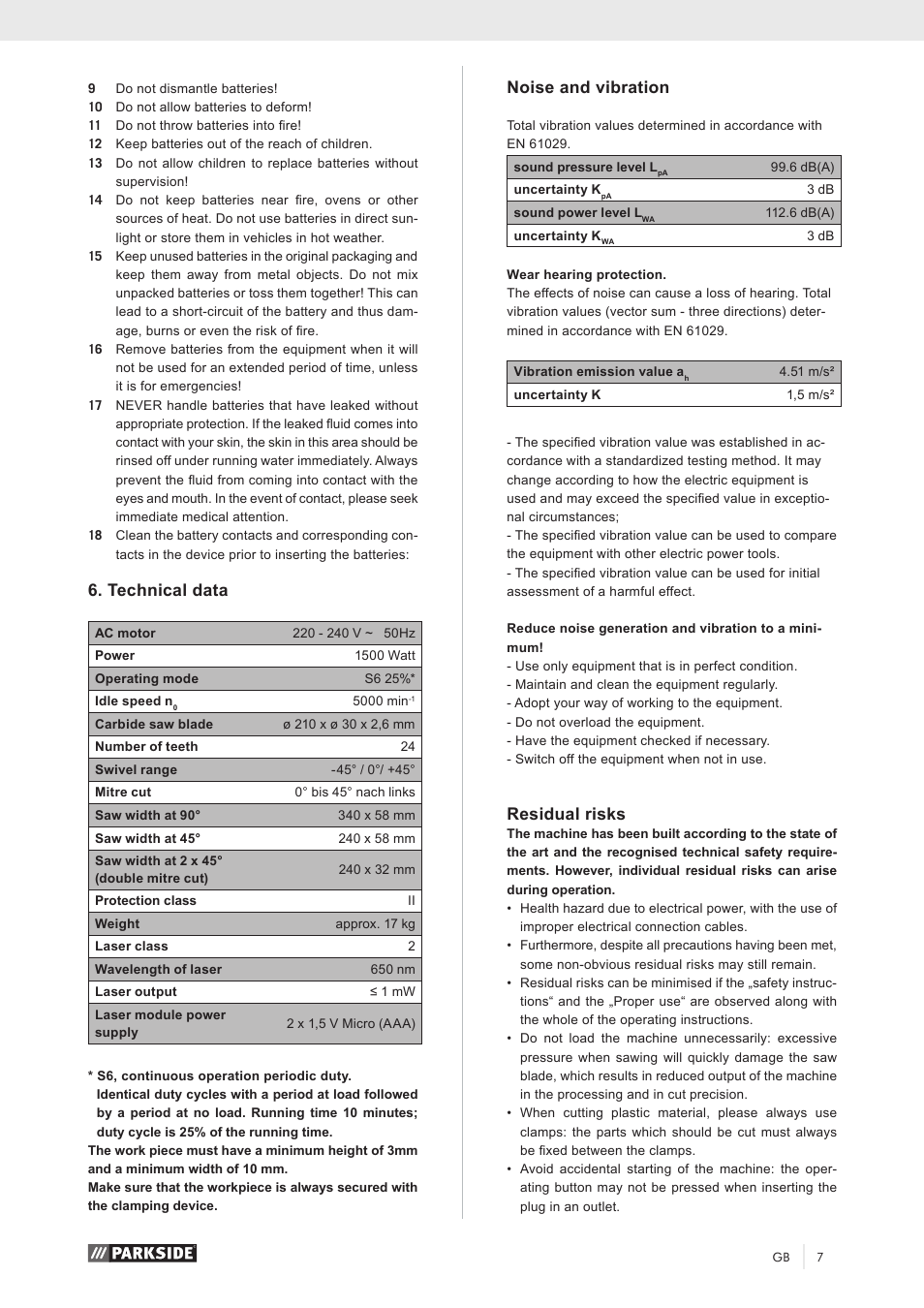 Technical data, Noise and vibration, Residual risks | Parkside PZKS 1500 A1 User Manual | Page 12 / 100