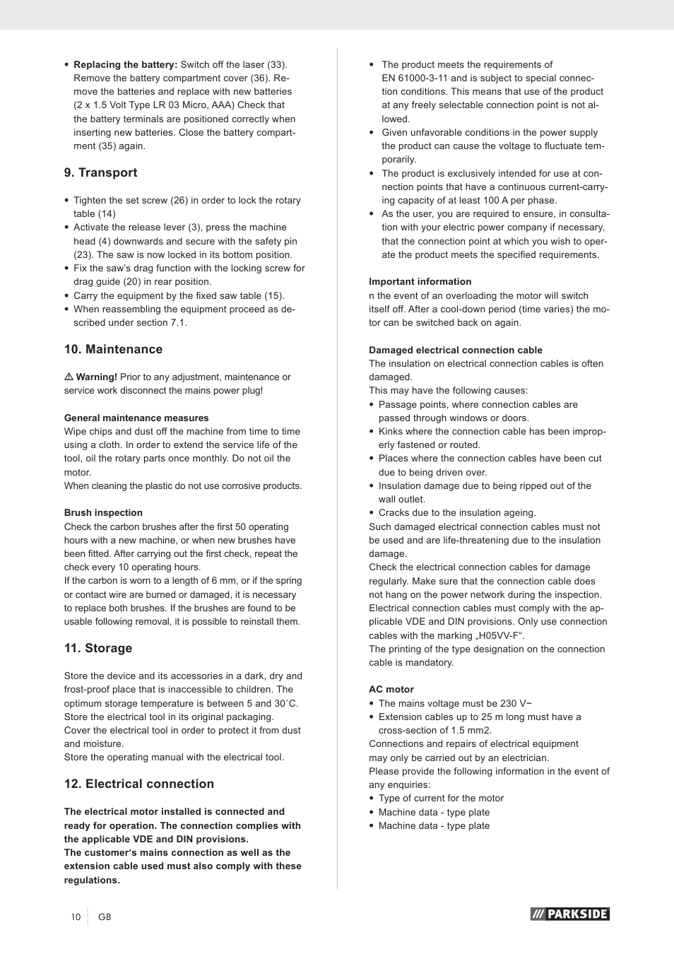 Transport, Maintenance, Storage | Electrical connection | Parkside PZKS 1500 A1 User Manual | Page 15 / 100