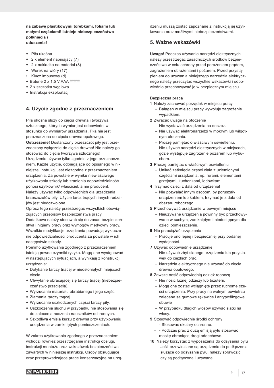 Użycie zgodne z przeznaczeniem, Ważne wskazówki | Parkside PZKS 1500 A1 User Manual | Page 22 / 100