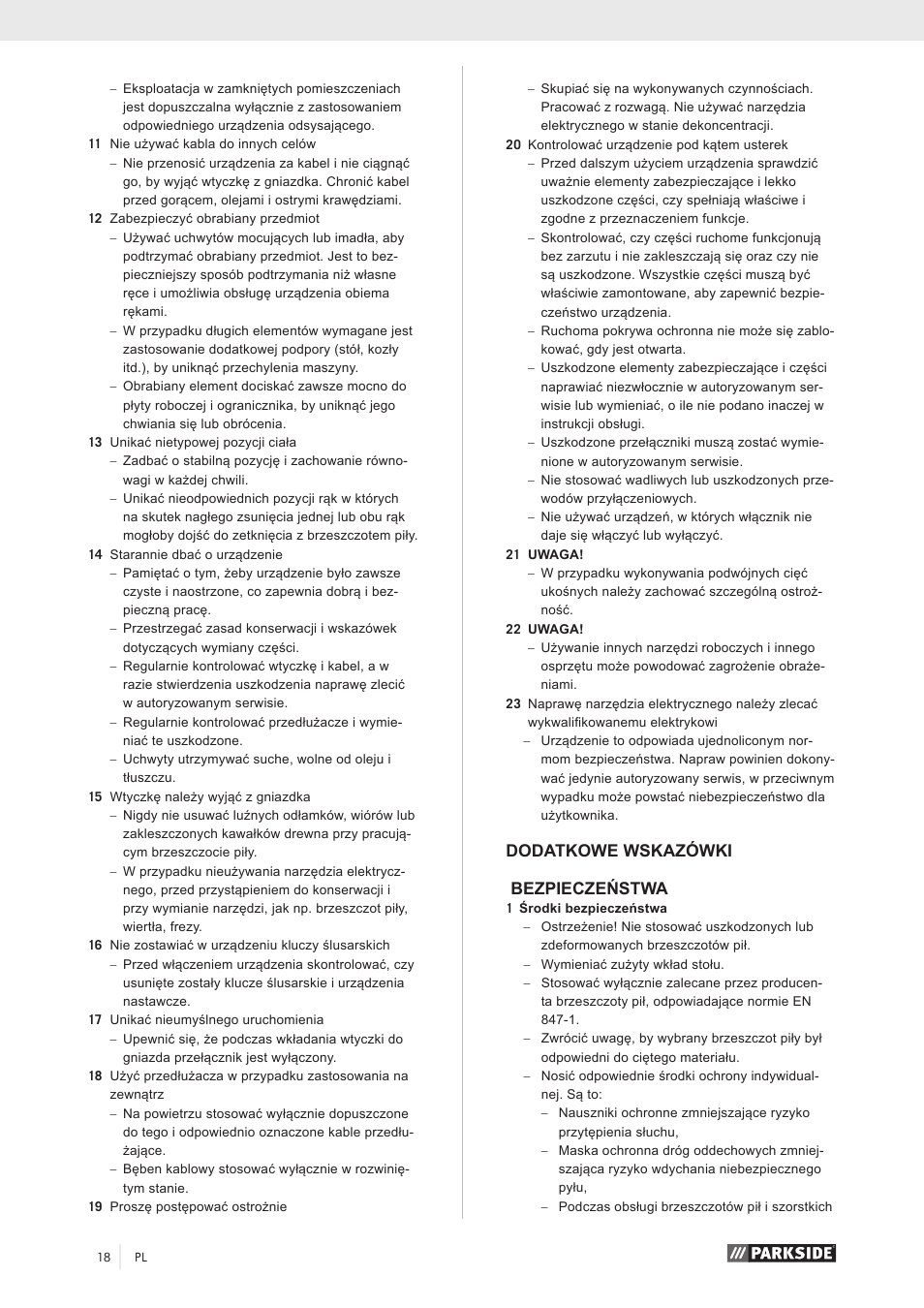 Dodatkowe wskazówki bezpieczeństwa | Parkside PZKS 1500 A1 User Manual | Page 23 / 100