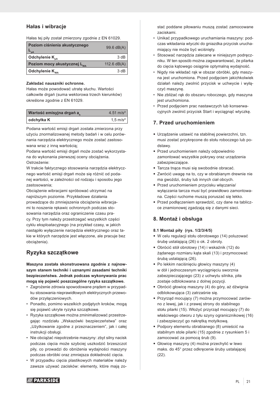 Ryzyka szczątkowe, Hałas i wibracje, Przed uruchomieniem | Montaż i obsługa | Parkside PZKS 1500 A1 User Manual | Page 26 / 100