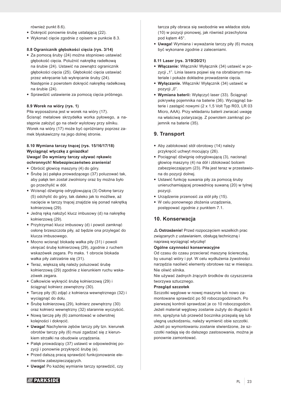 Transport, Konserwacja | Parkside PZKS 1500 A1 User Manual | Page 28 / 100