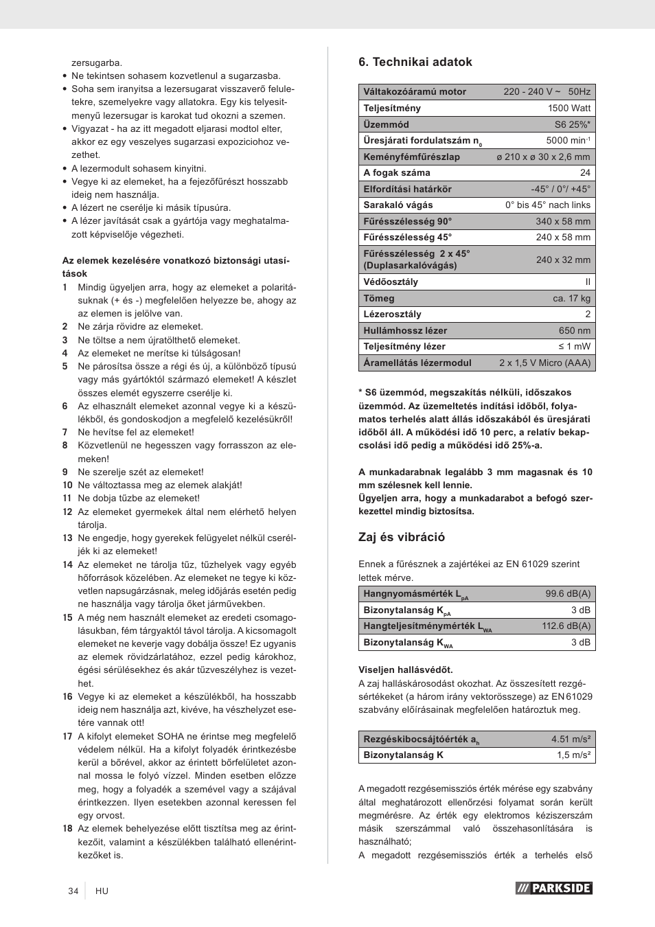 Technikai adatok, Zaj és vibráció | Parkside PZKS 1500 A1 User Manual | Page 39 / 100