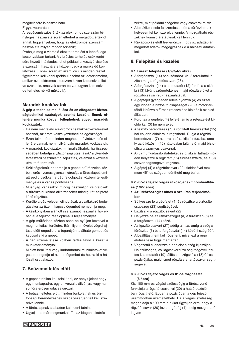 Maradék kockázatok, Beüzemeltetés előtt, Felépítés és kezelés | Parkside PZKS 1500 A1 User Manual | Page 40 / 100