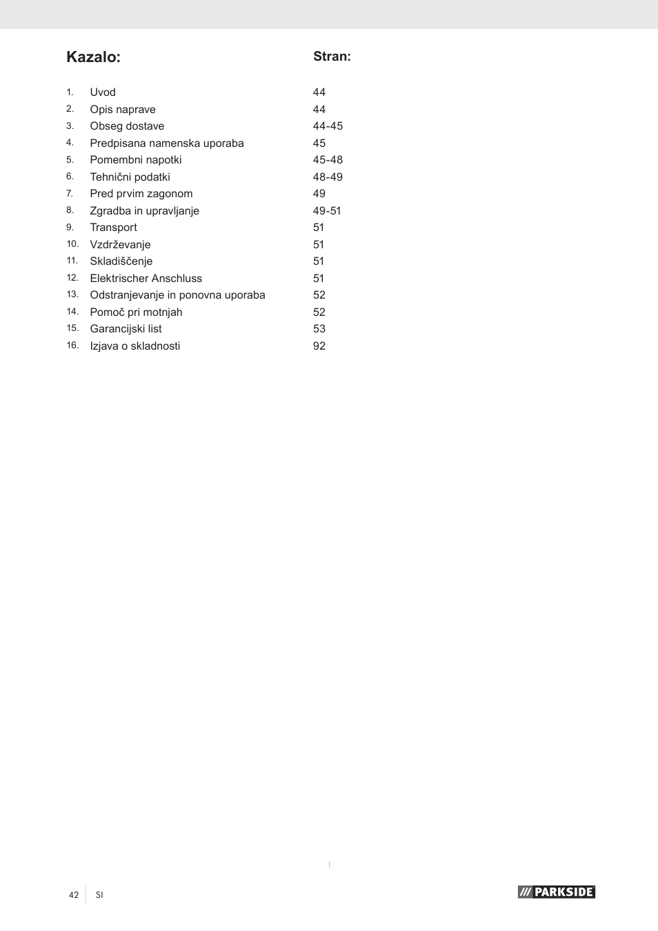 Kazalo, Stran | Parkside PZKS 1500 A1 User Manual | Page 47 / 100