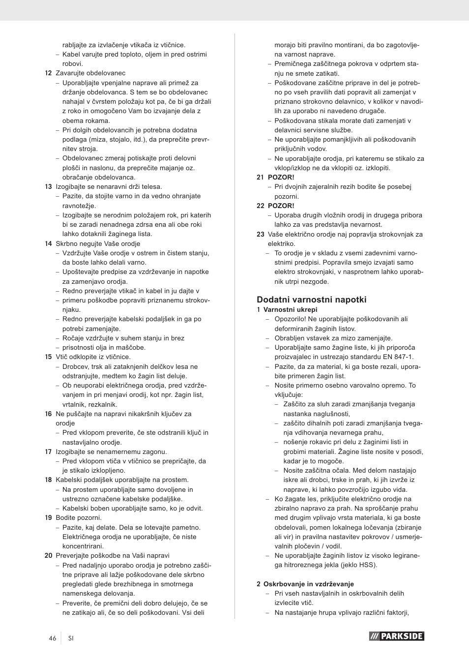 Dodatni varnostni napotki | Parkside PZKS 1500 A1 User Manual | Page 51 / 100