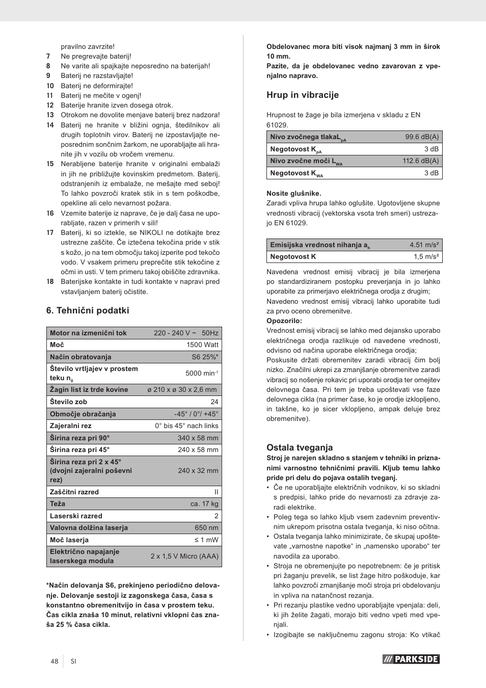 Tehnični podatki, Hrup in vibracije, Ostala tveganja | Parkside PZKS 1500 A1 User Manual | Page 53 / 100