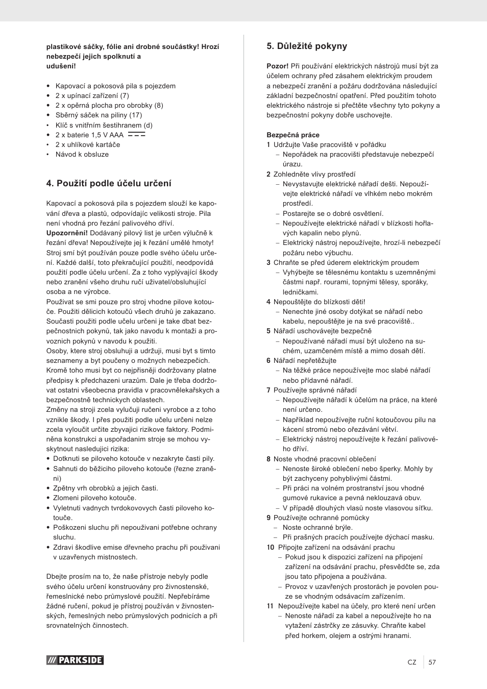 Použití podle účelu určení, Důležité pokyny | Parkside PZKS 1500 A1 User Manual | Page 62 / 100