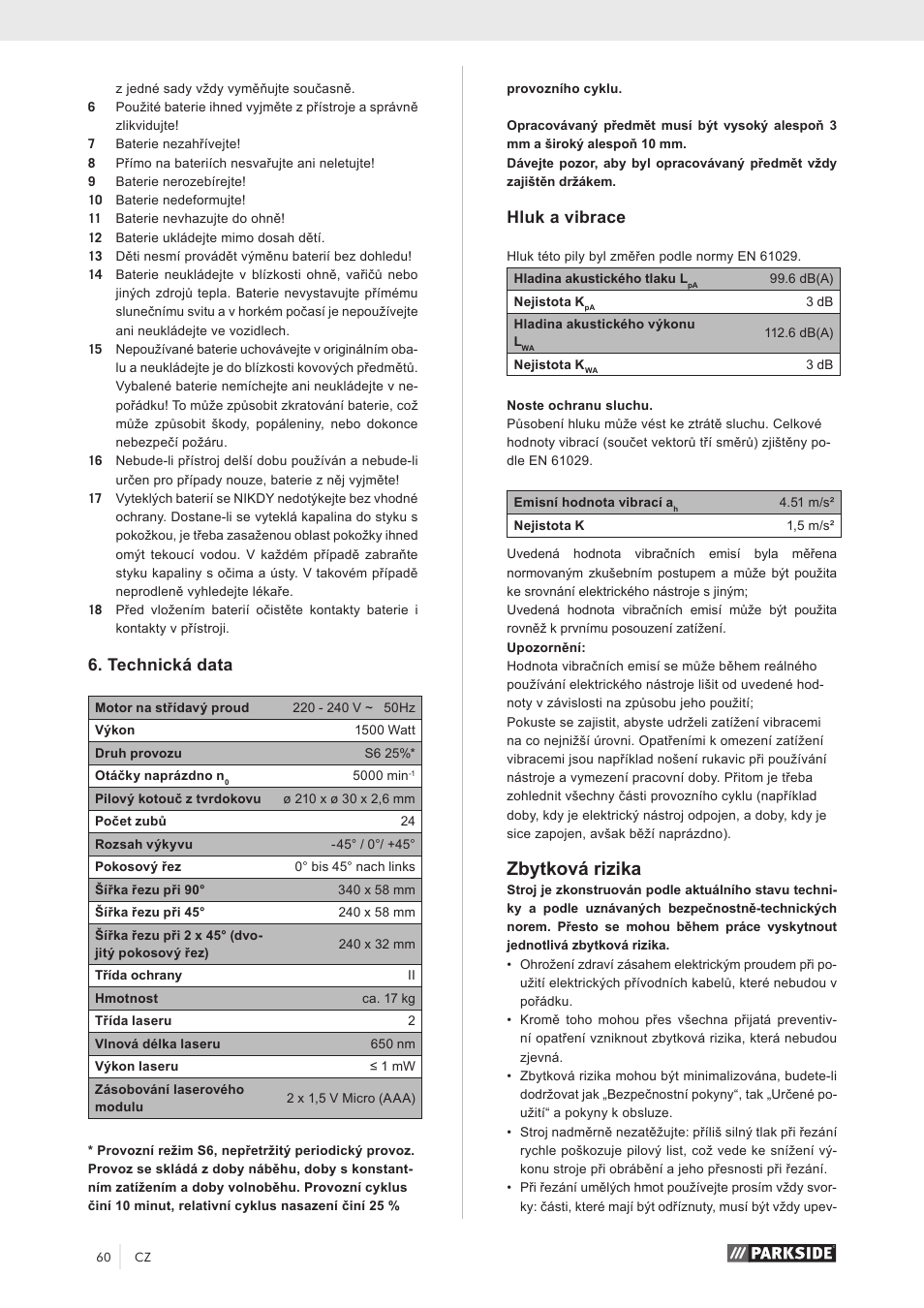 Zbytková rizika, Technická data, Hluk a vibrace | Parkside PZKS 1500 A1 User Manual | Page 65 / 100