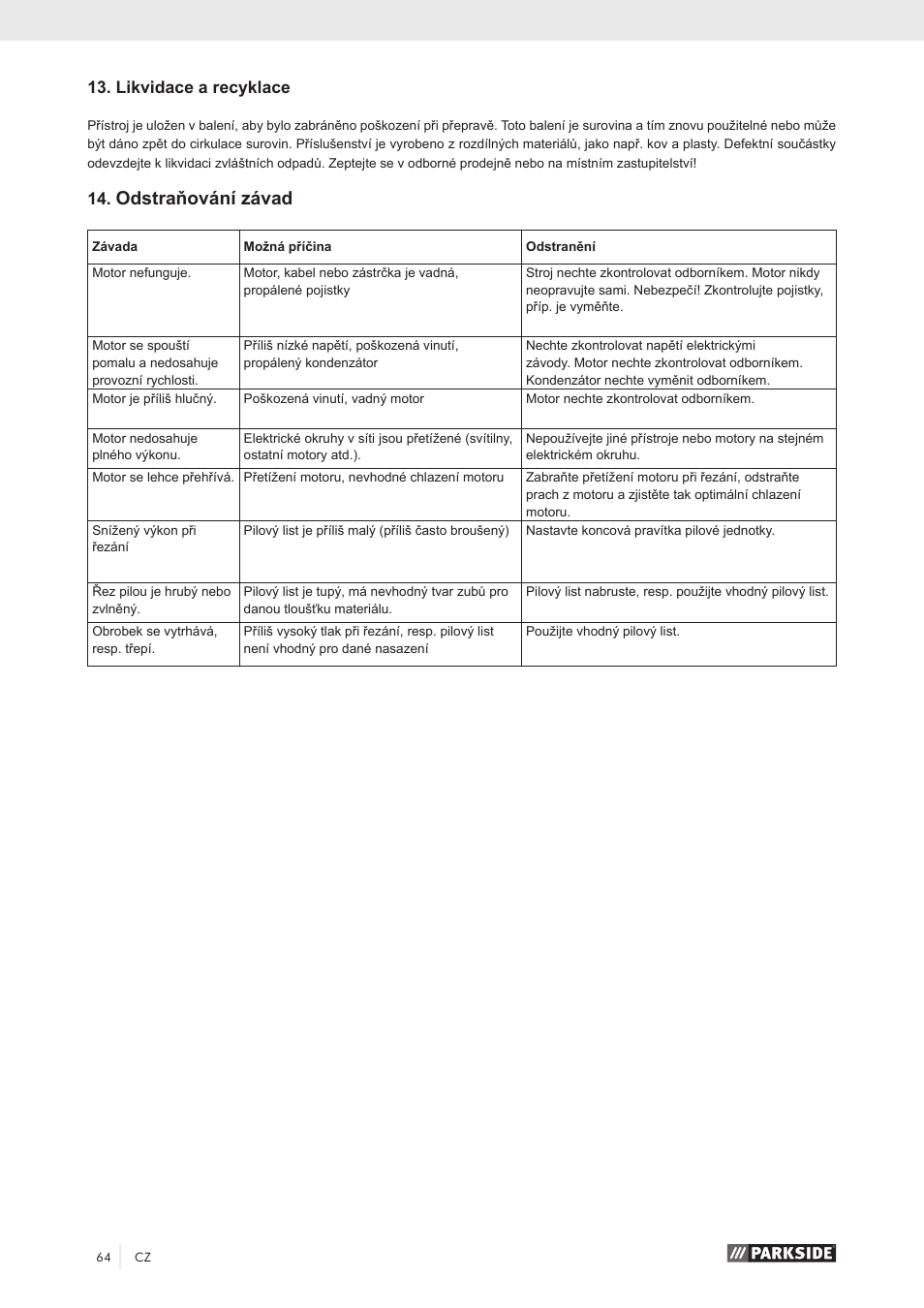 Odstraňování závad, Likvidace a recyklace | Parkside PZKS 1500 A1 User Manual | Page 69 / 100