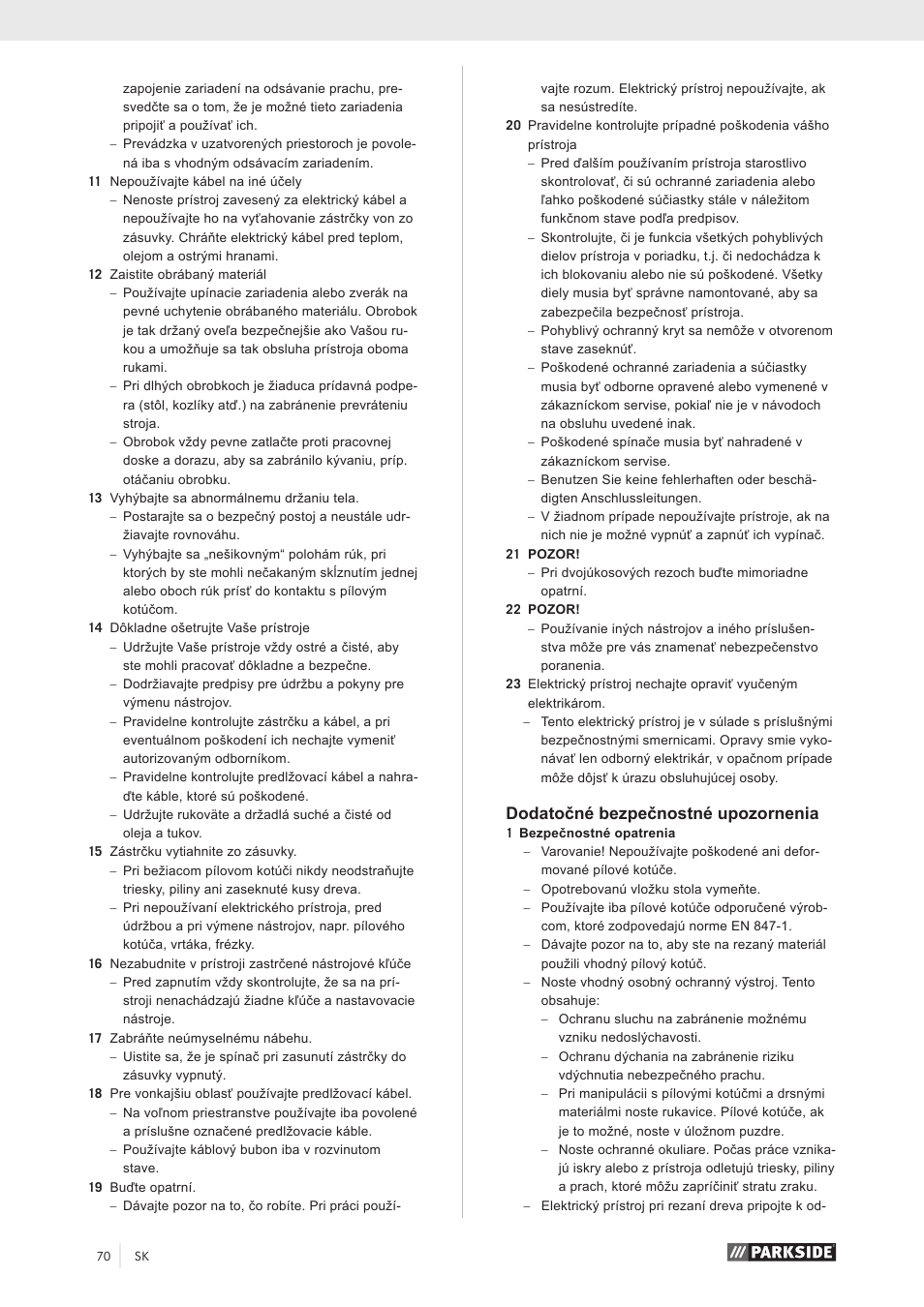 Dodatočné bezpečnostné upozornenia | Parkside PZKS 1500 A1 User Manual | Page 75 / 100