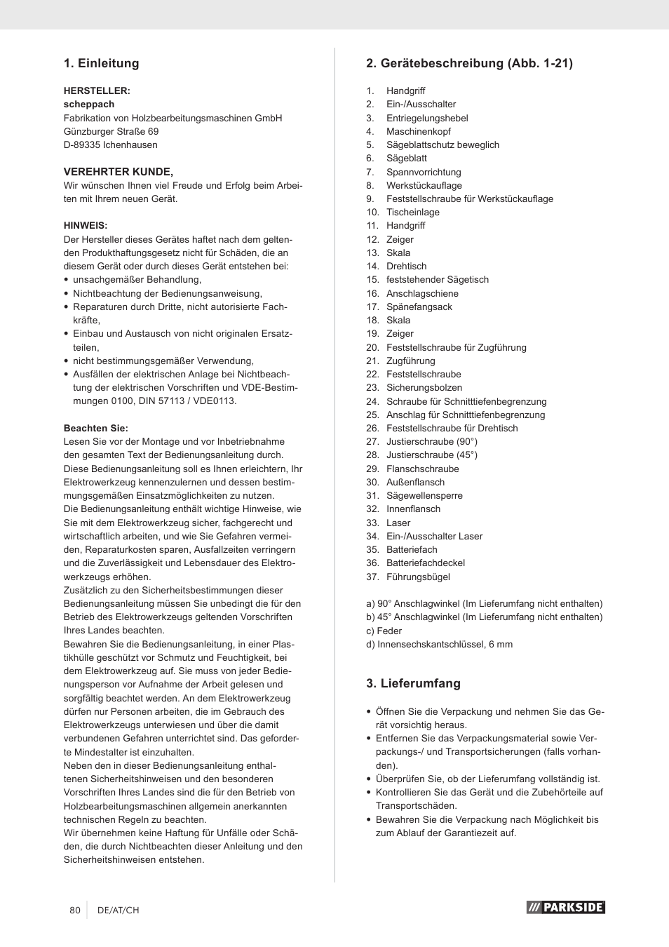 Einleitung, Gerätebeschreibung (abb. 1-21), Lieferumfang | Parkside PZKS 1500 A1 User Manual | Page 85 / 100