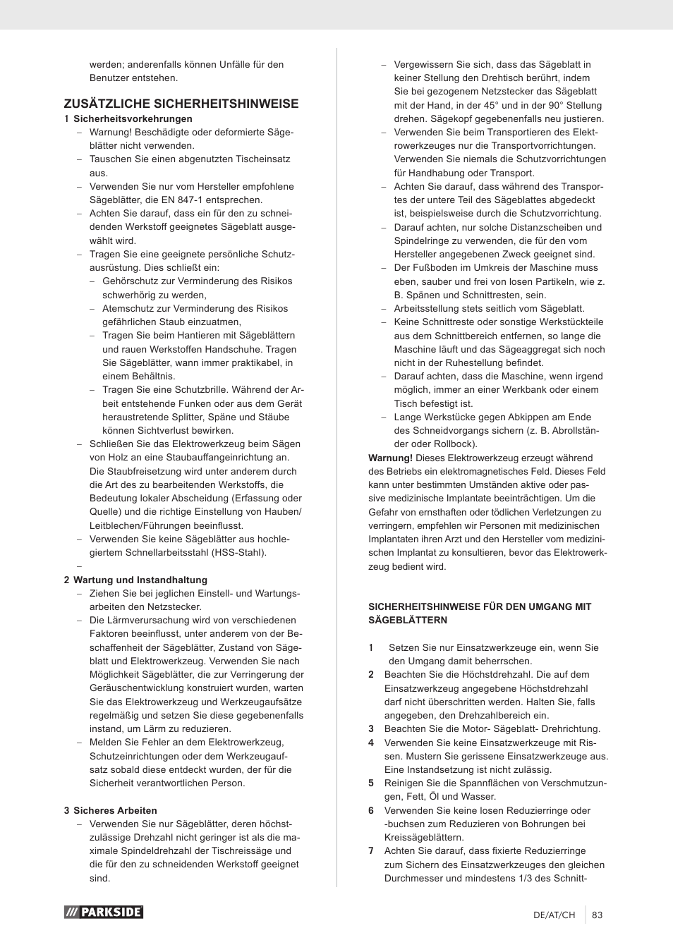 Zusätzliche sicherheitshinweise | Parkside PZKS 1500 A1 User Manual | Page 88 / 100