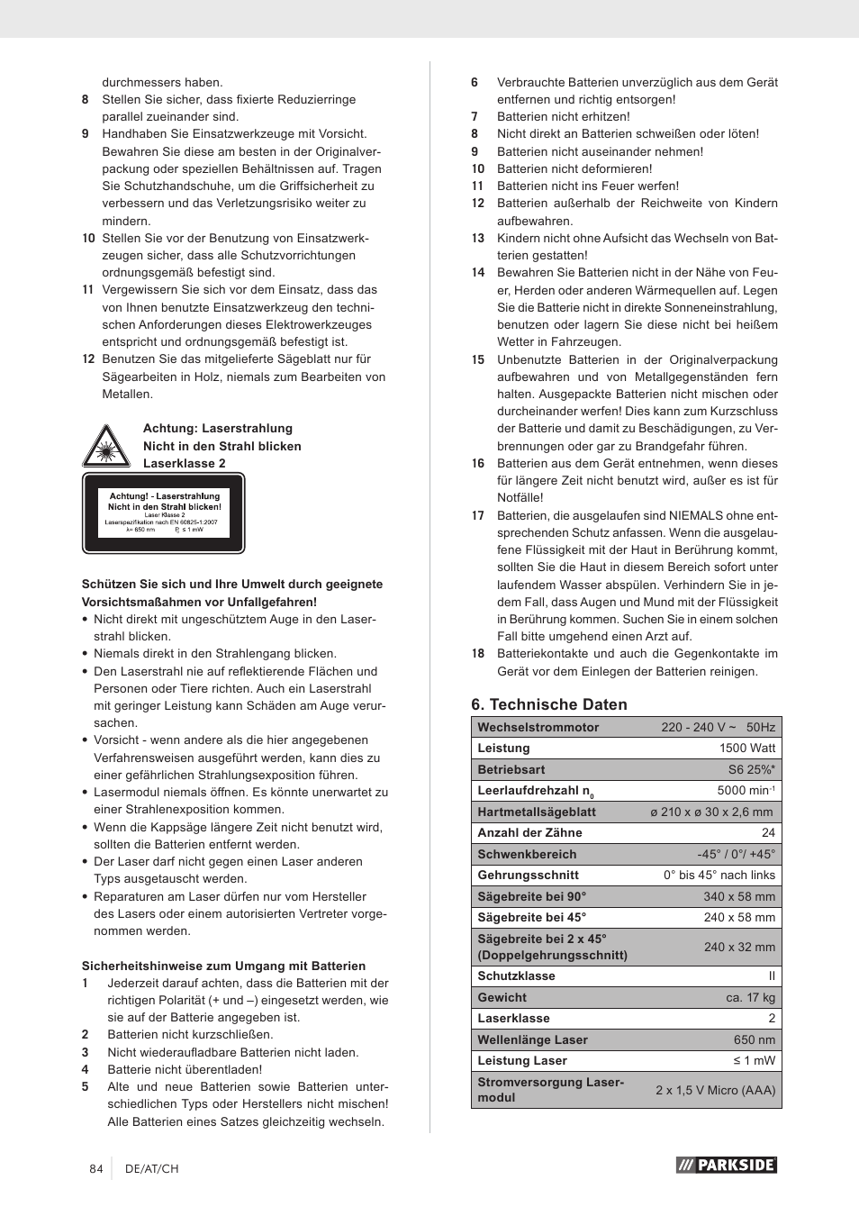 Technische daten | Parkside PZKS 1500 A1 User Manual | Page 89 / 100