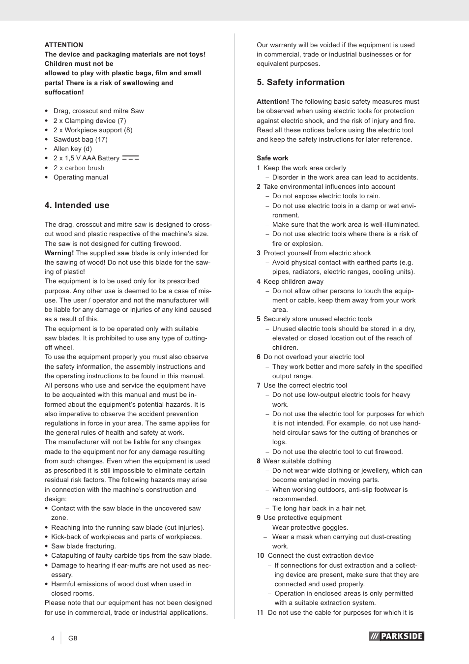Intended use, Safety information | Parkside PZKS 1500 A1 User Manual | Page 9 / 100