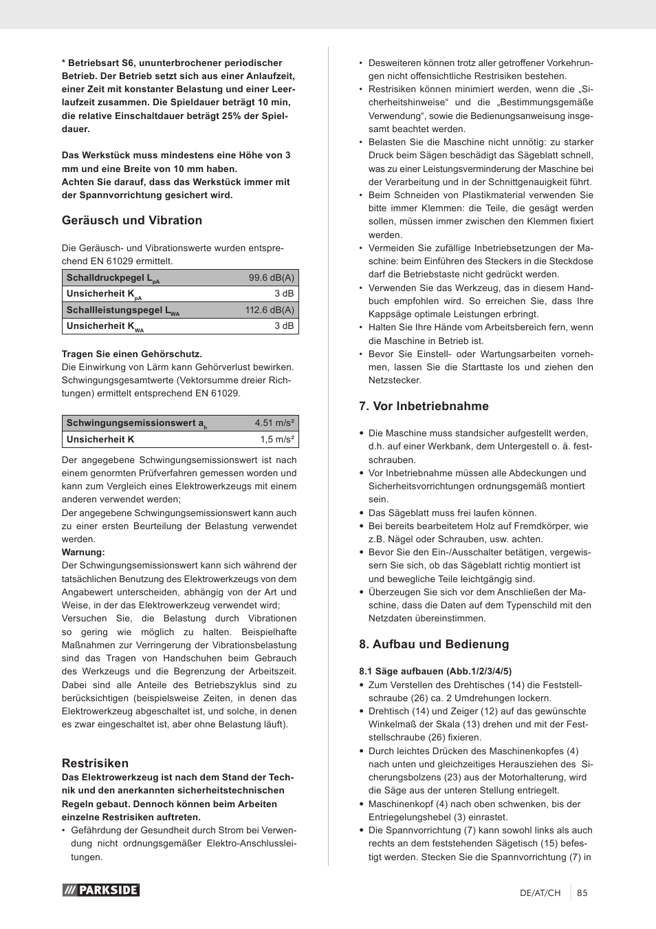 Geräusch und vibration, Restrisiken, Vor inbetriebnahme | Aufbau und bedienung | Parkside PZKS 1500 A1 User Manual | Page 90 / 100