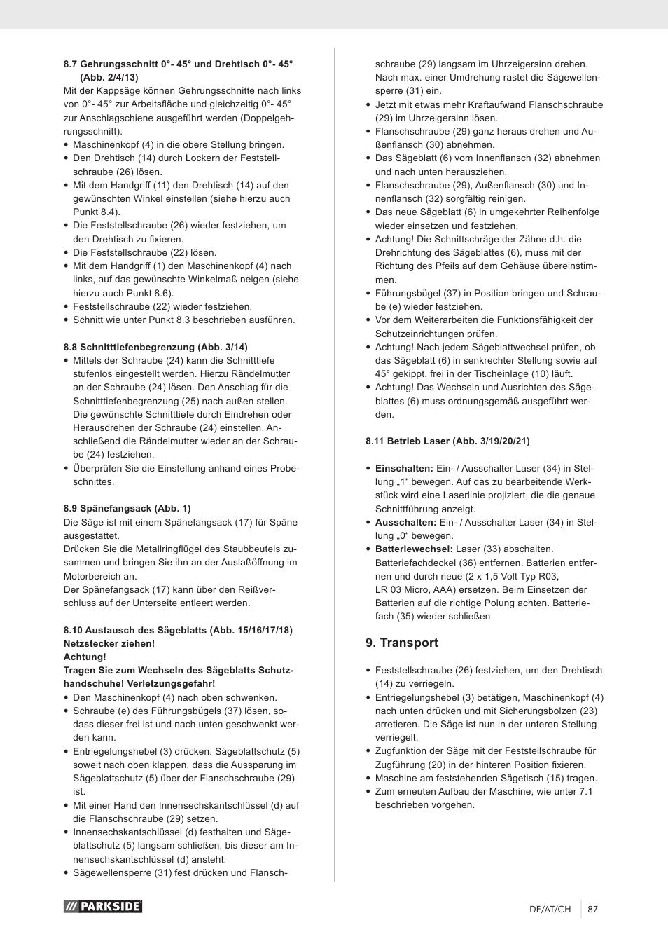 Transport | Parkside PZKS 1500 A1 User Manual | Page 92 / 100