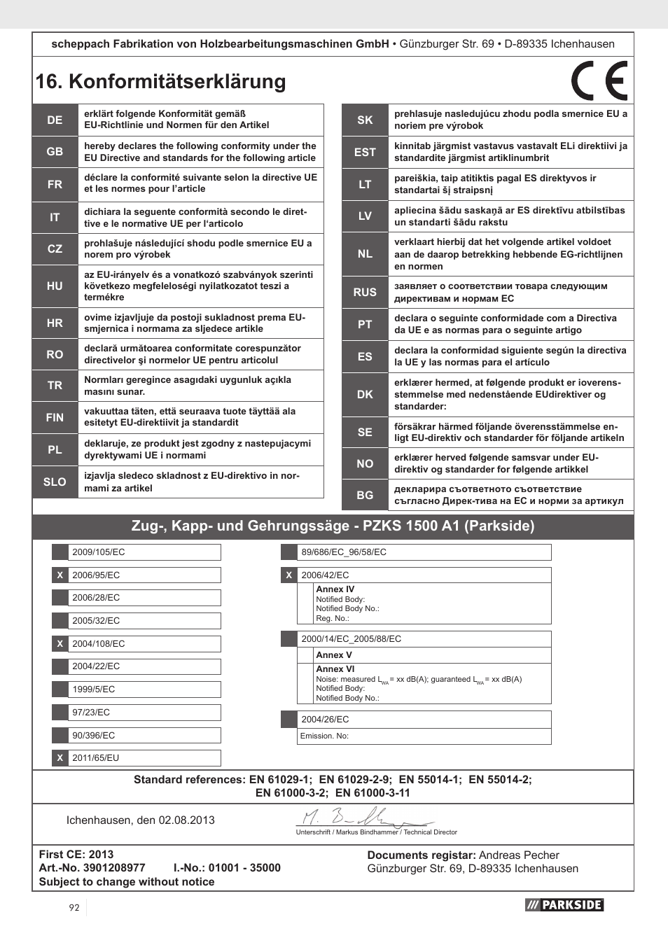 Konformitätserklärung | Parkside PZKS 1500 A1 User Manual | Page 97 / 100