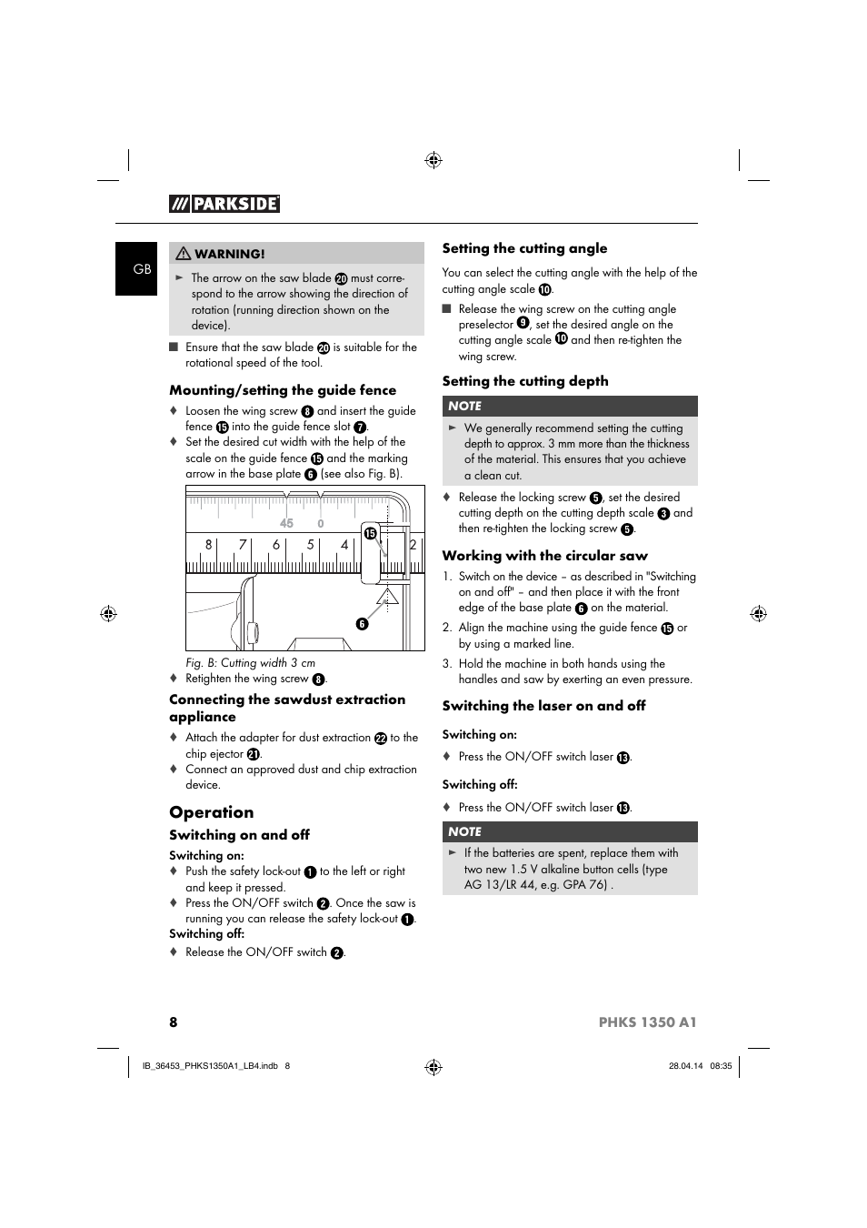 Operation | Parkside PHKS 1350 A1 User Manual | Page 11 / 88