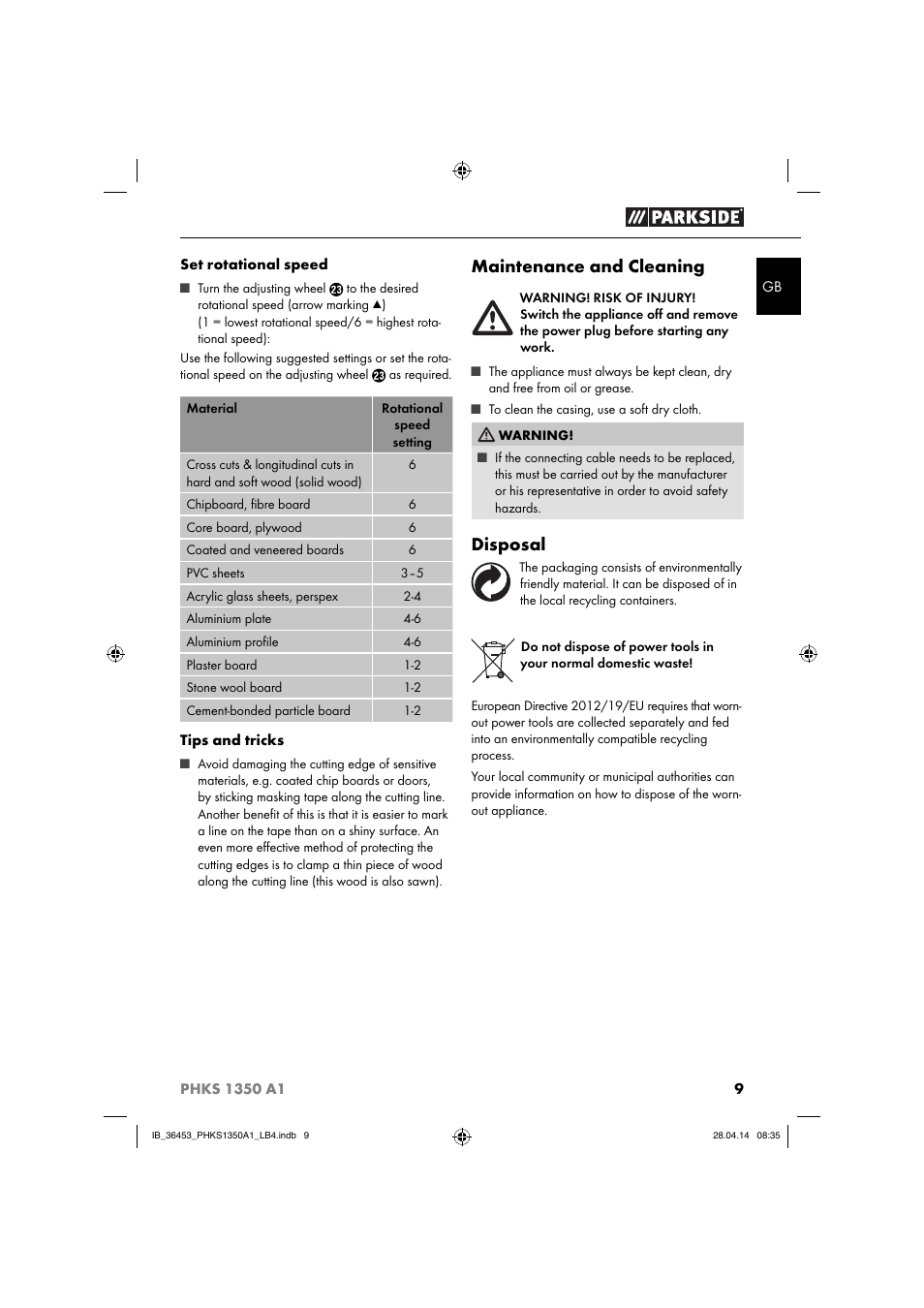 Maintenance and cleaning, Disposal | Parkside PHKS 1350 A1 User Manual | Page 12 / 88