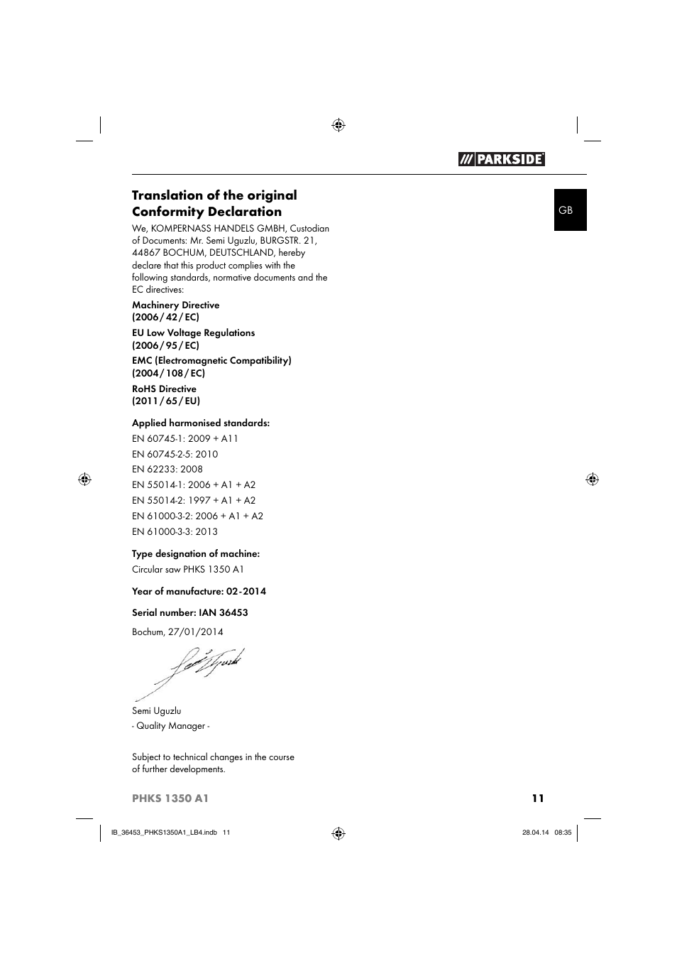 Translation of the original conformity declaration | Parkside PHKS 1350 A1 User Manual | Page 14 / 88