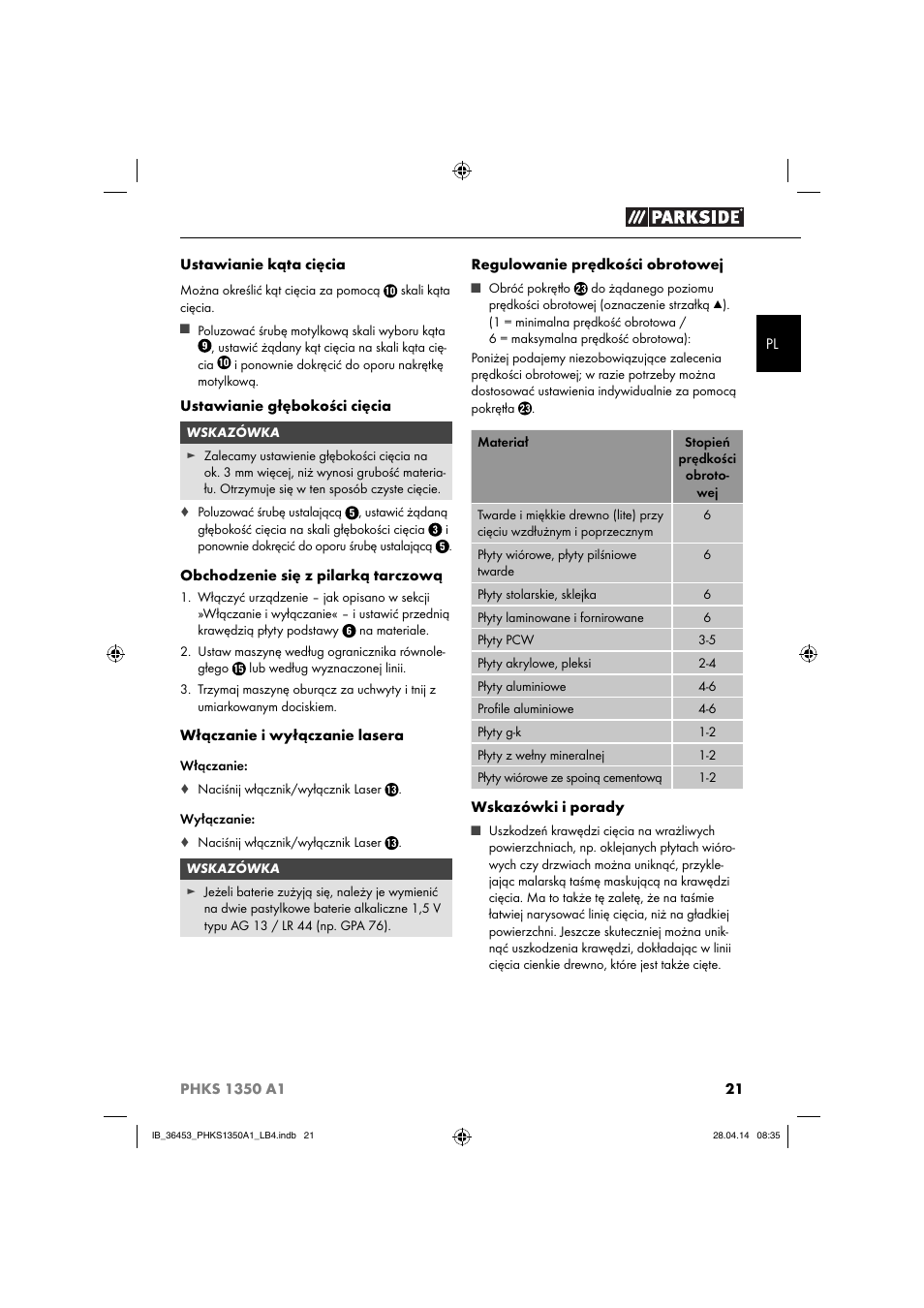Parkside PHKS 1350 A1 User Manual | Page 24 / 88