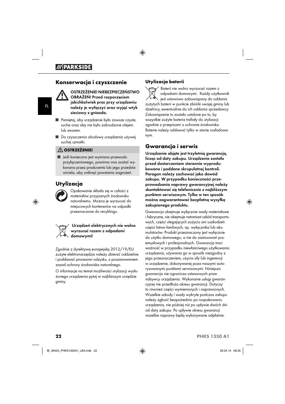 Konserwacja i czyszczenie, Utylizacja, Gwarancja i serwis | Parkside PHKS 1350 A1 User Manual | Page 25 / 88
