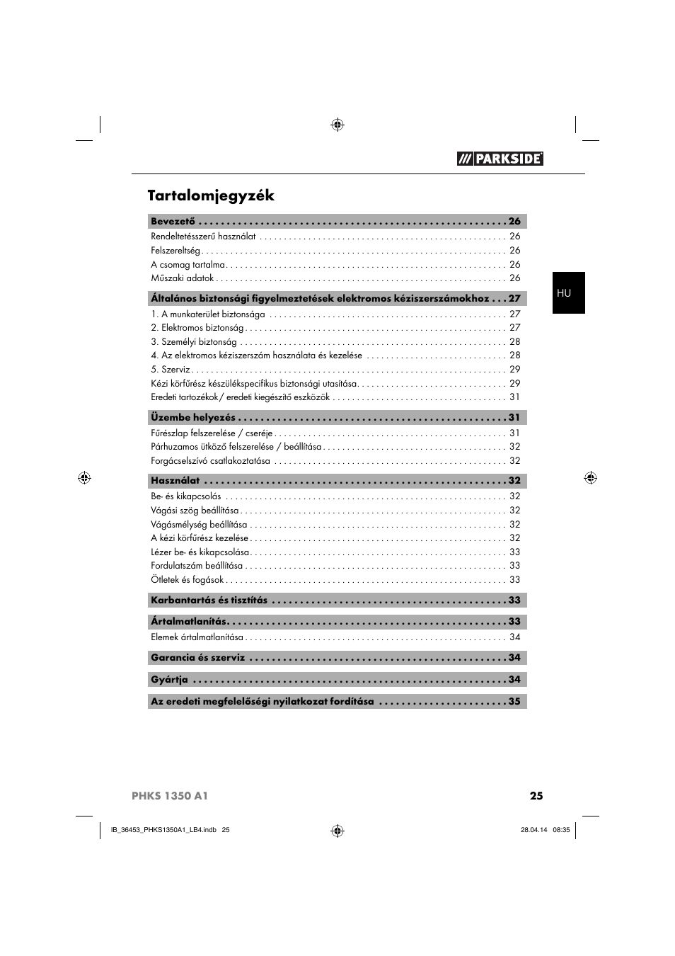 Tartalomjegyzék | Parkside PHKS 1350 A1 User Manual | Page 28 / 88