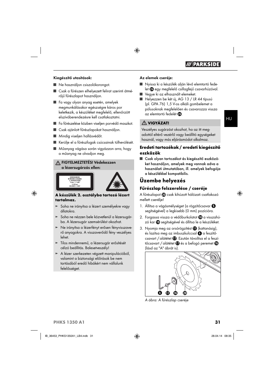 Üzembe helyezés | Parkside PHKS 1350 A1 User Manual | Page 34 / 88