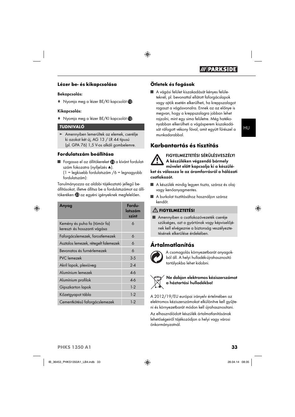 Karbantartás és tisztítás, Ártalmatlanítás | Parkside PHKS 1350 A1 User Manual | Page 36 / 88